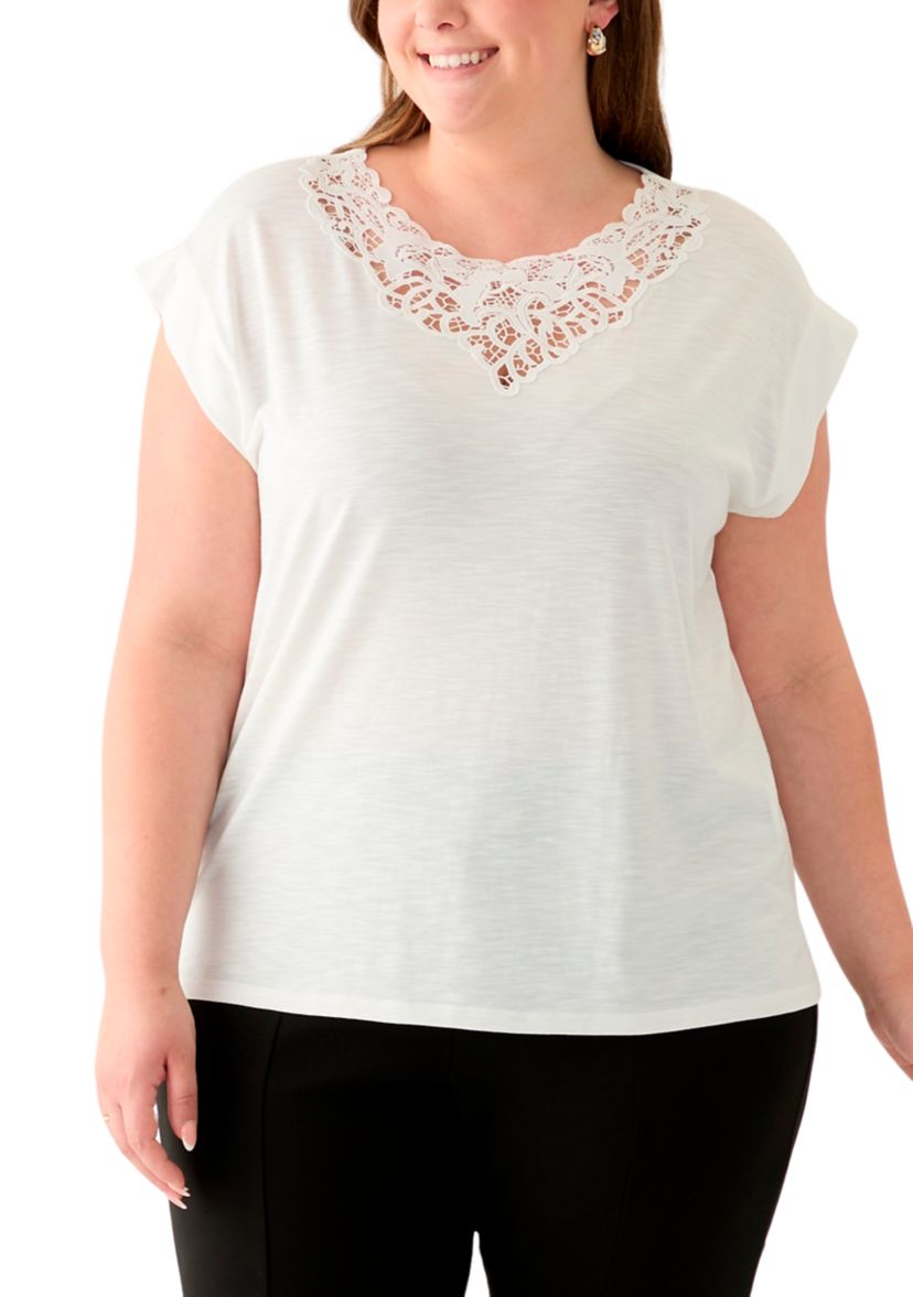 Plus Size Drapey Slub Dolman Top with Lace at Neck 