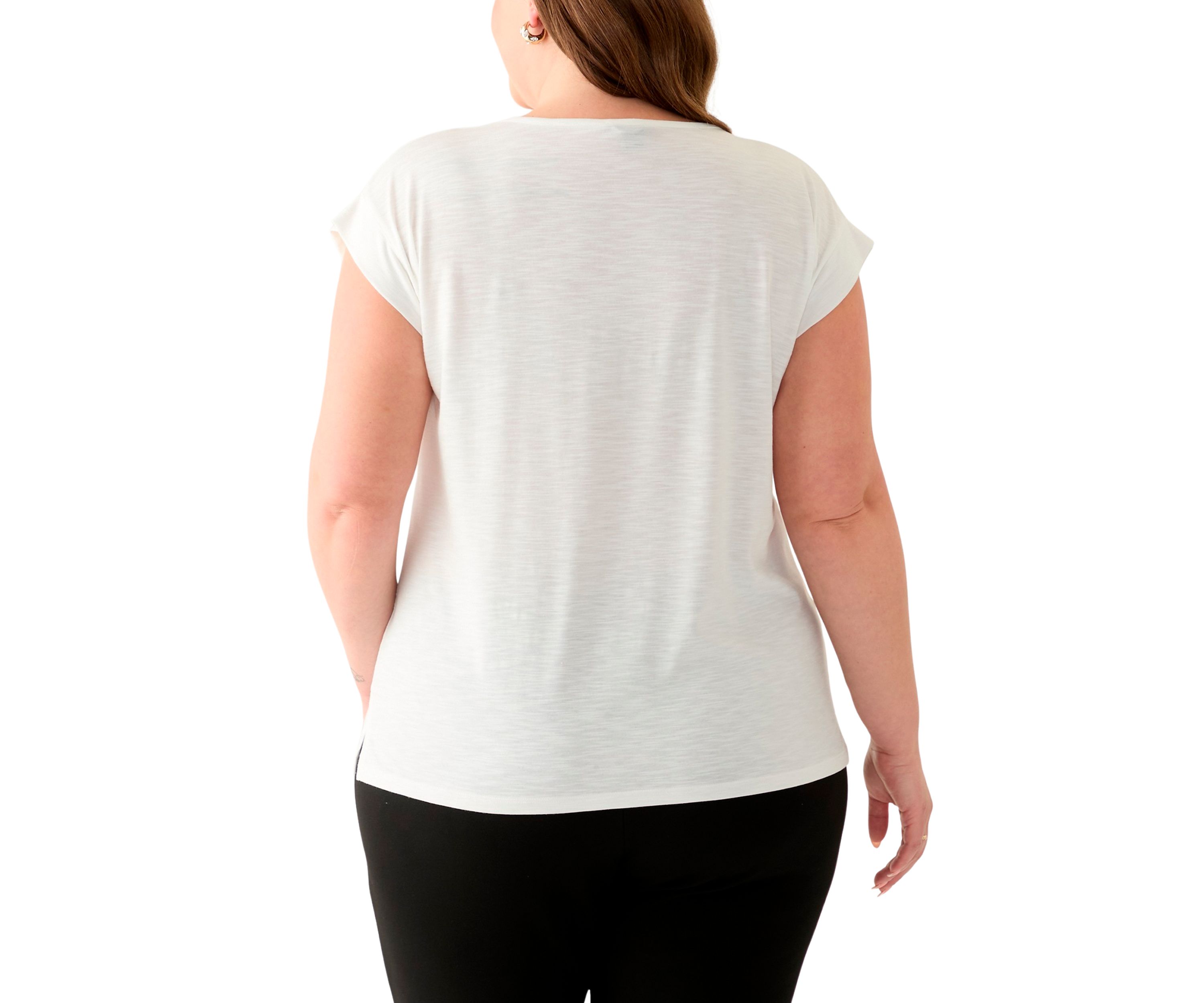 Plus Size Drapey Slub Dolman Top with Lace at Neck 