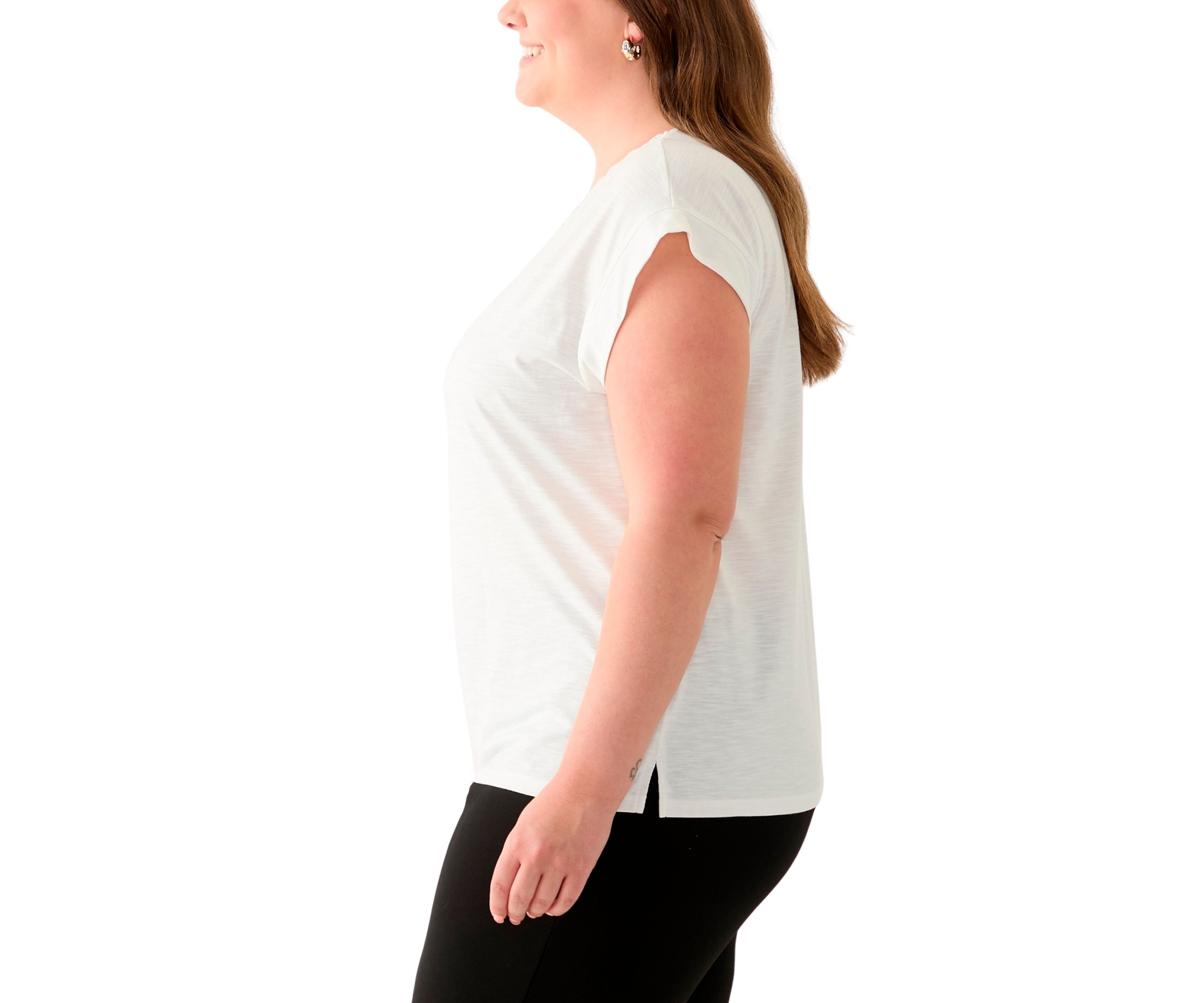 Plus Size Drapey Slub Dolman Top with Lace at Neck 