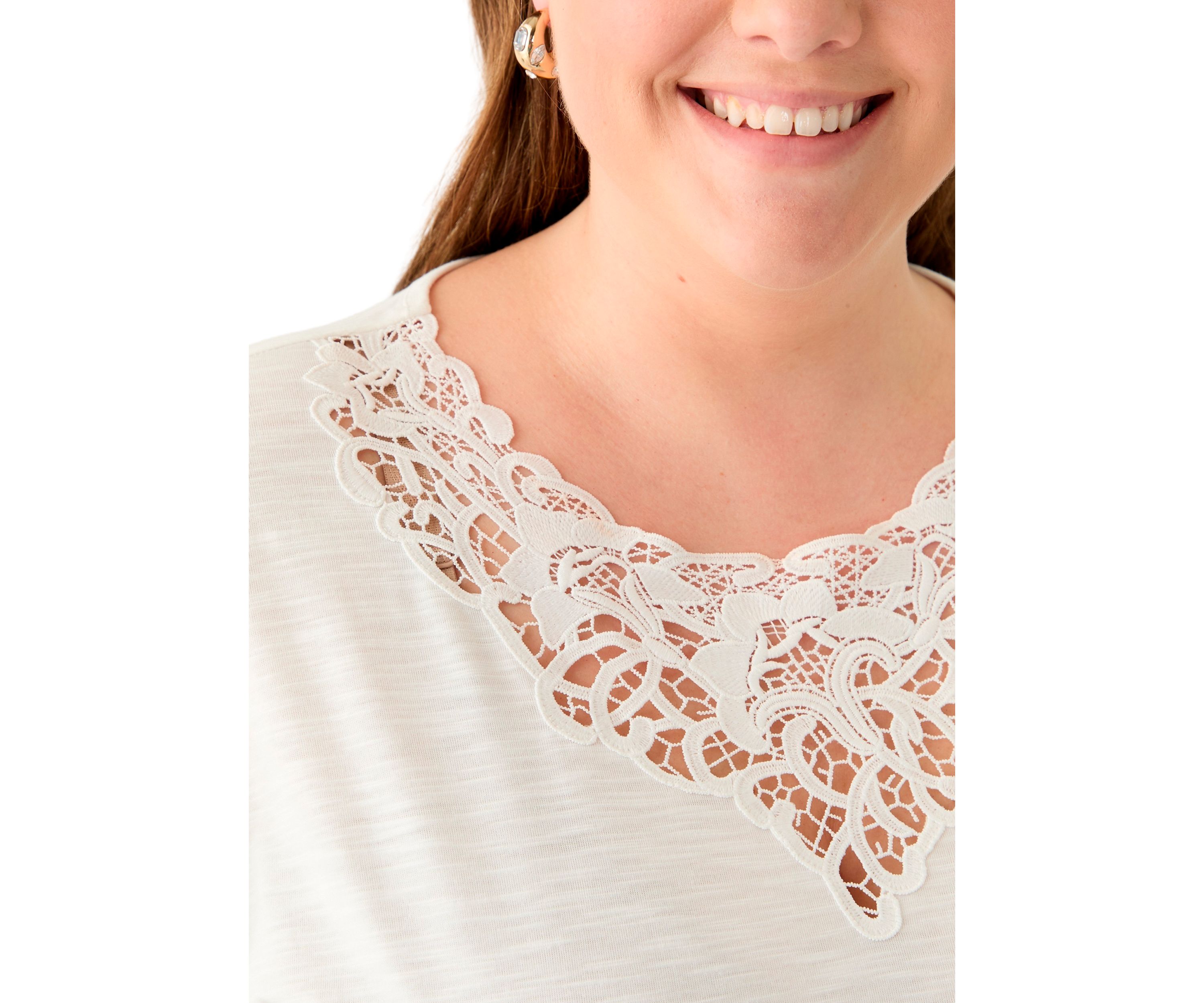Plus Size Drapey Slub Dolman Top with Lace at Neck 