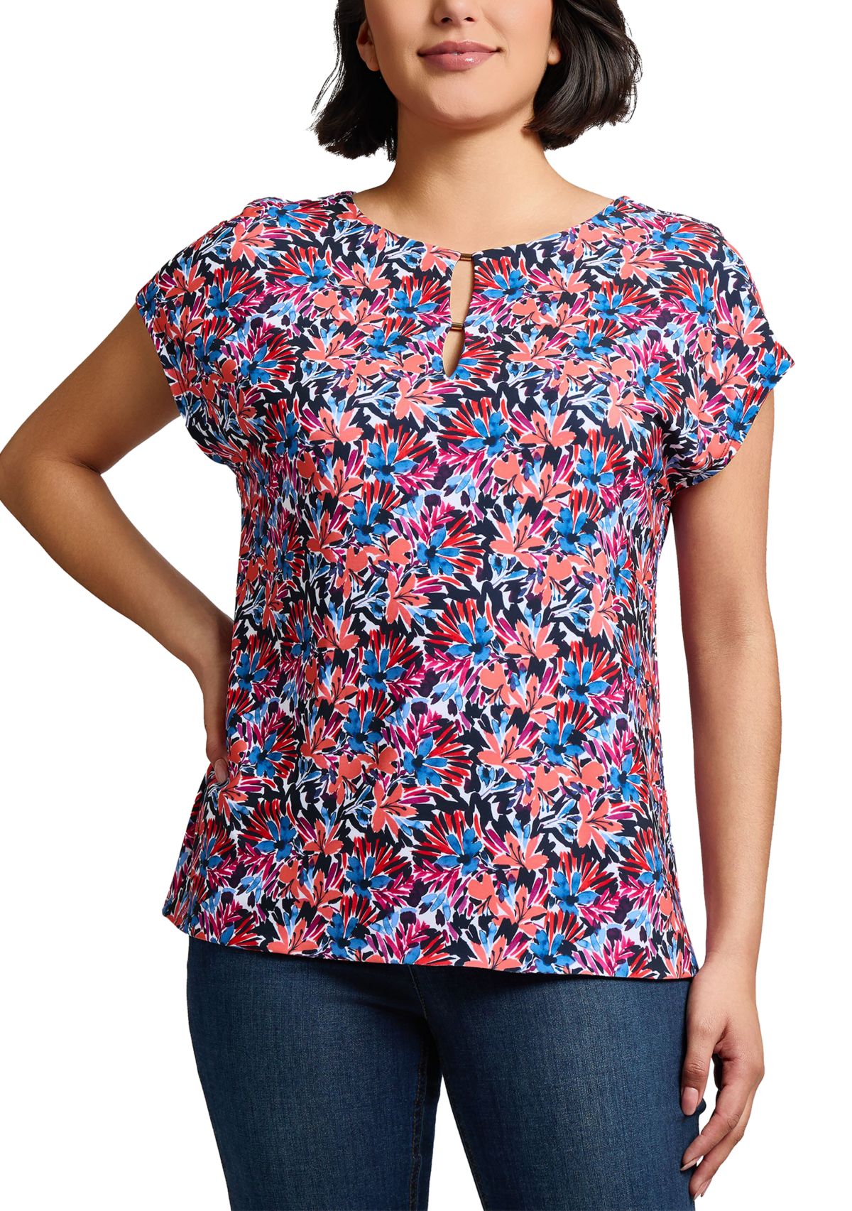 Womens Printed Extended Shoulder Double Trim Top