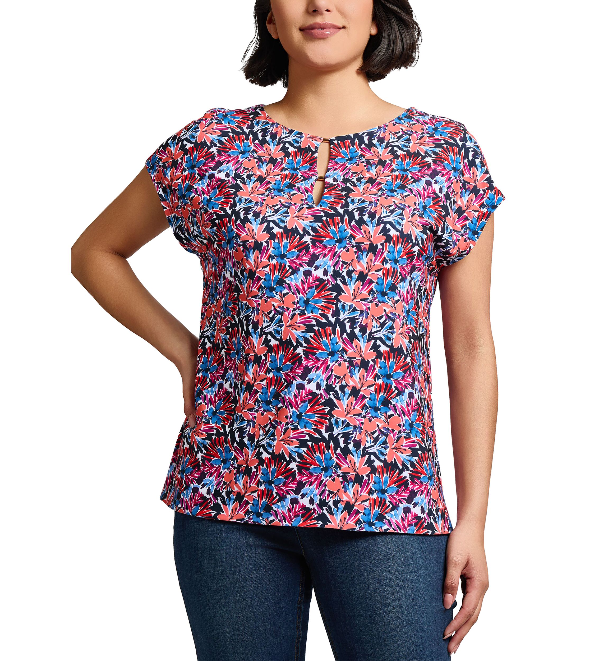 Womens Printed Extended Shoulder Double Trim Top