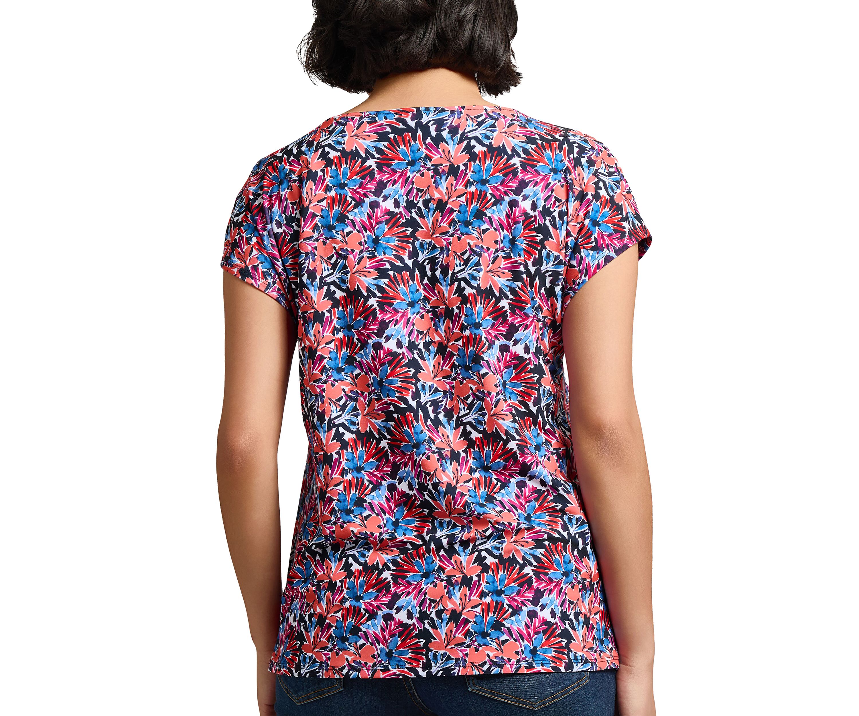 Womens Printed Extended Shoulder Double Trim Top