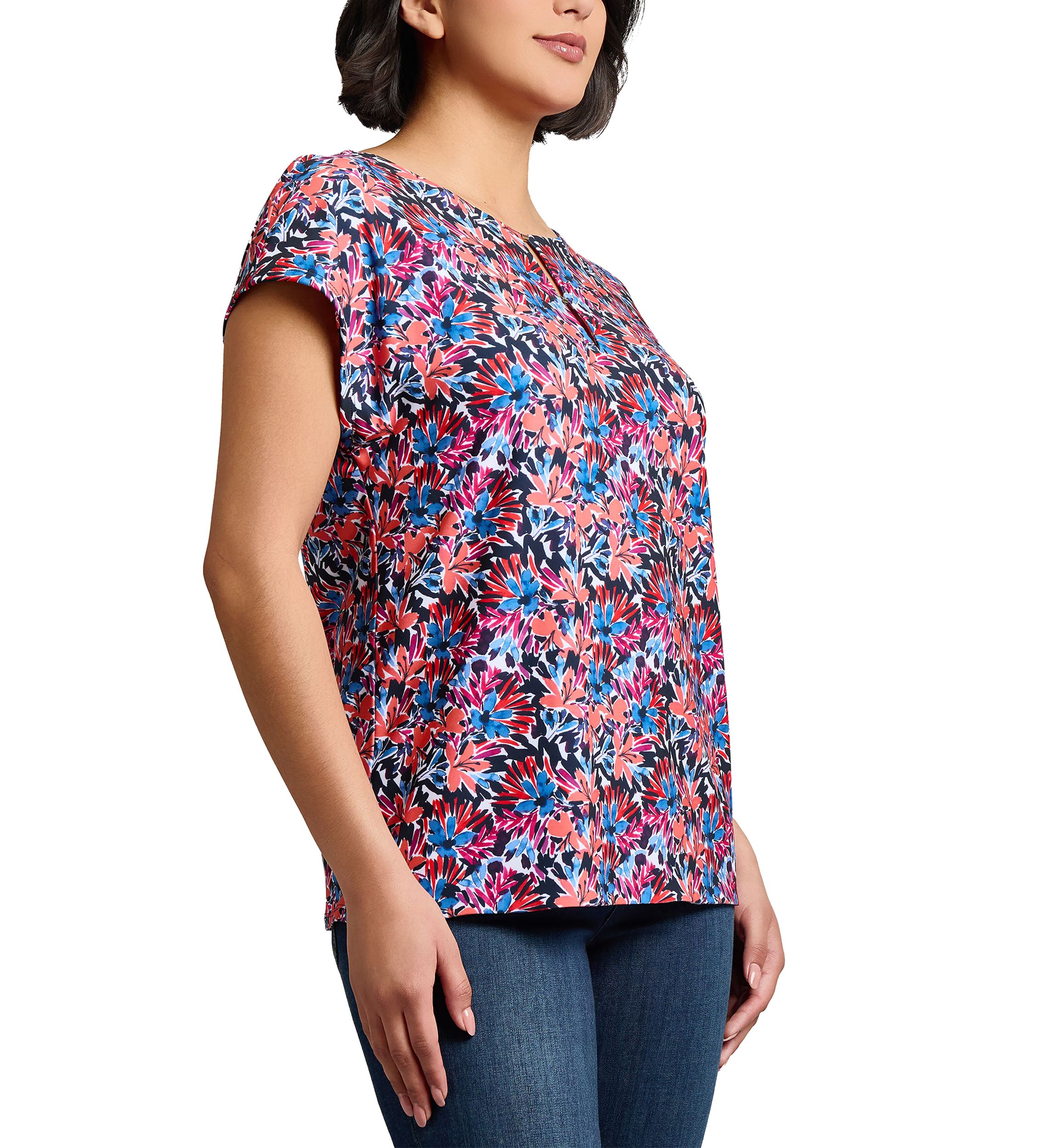 Womens Printed Extended Shoulder Double Trim Top