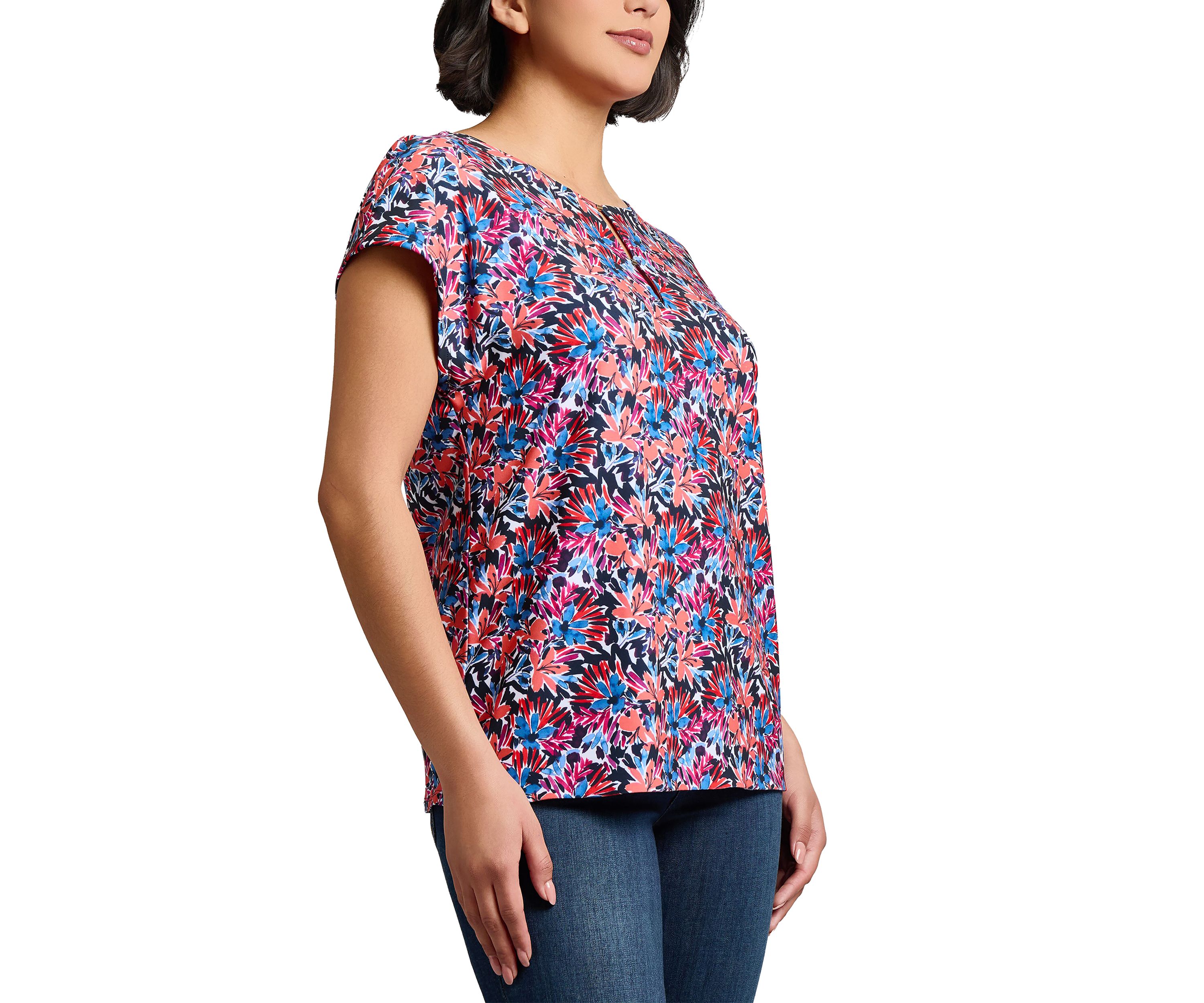 Womens Printed Extended Shoulder Double Trim Top