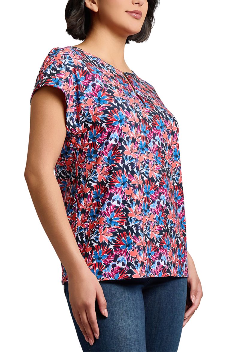 Womens Printed Extended Shoulder Double Trim Top