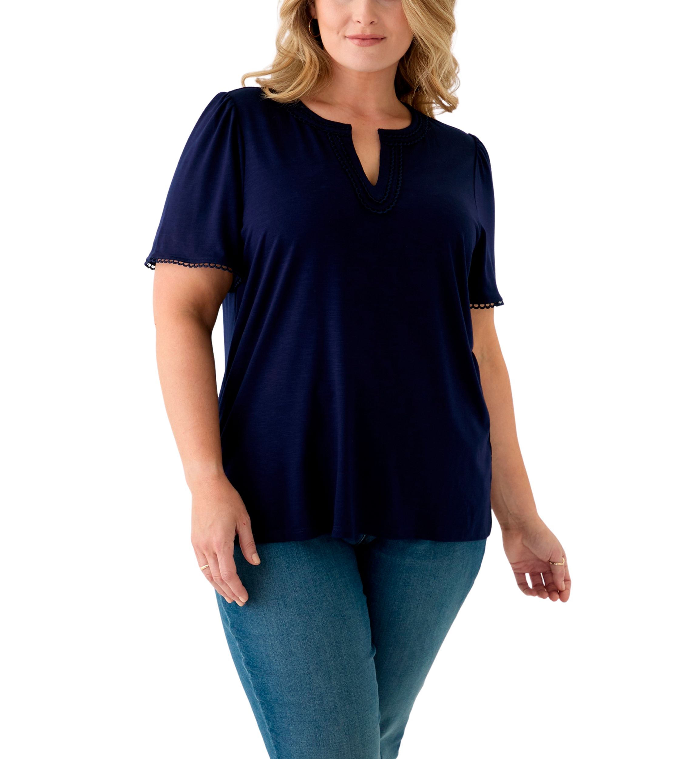 Plus Size Short Flutter Sleeve Split Neck Trim Top 