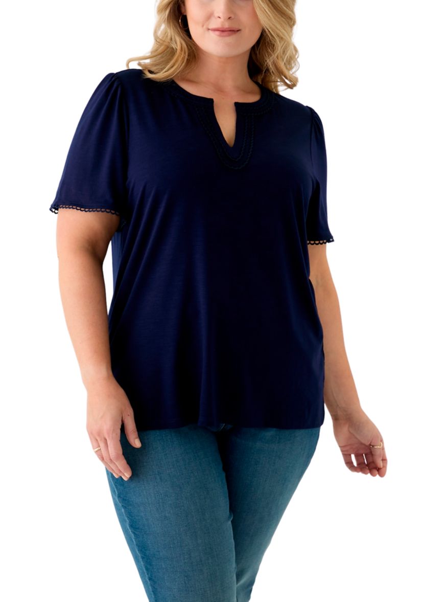 Plus Size Short Flutter Sleeve Split Neck Trim Top 