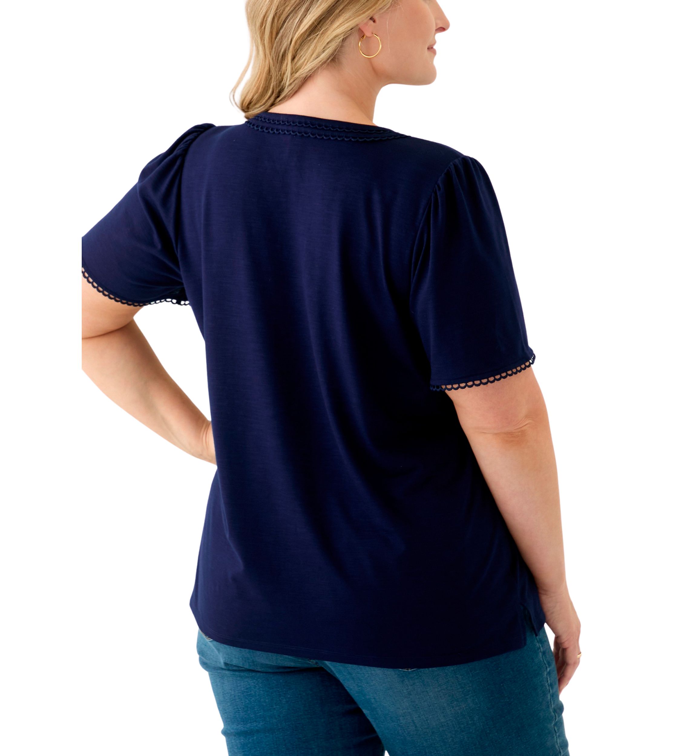 Plus Size Short Flutter Sleeve Split Neck Trim Top 
