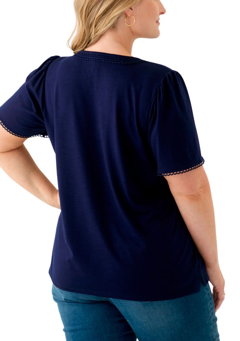 Plus Size Short Flutter Sleeve Split Neck Trim Top 
