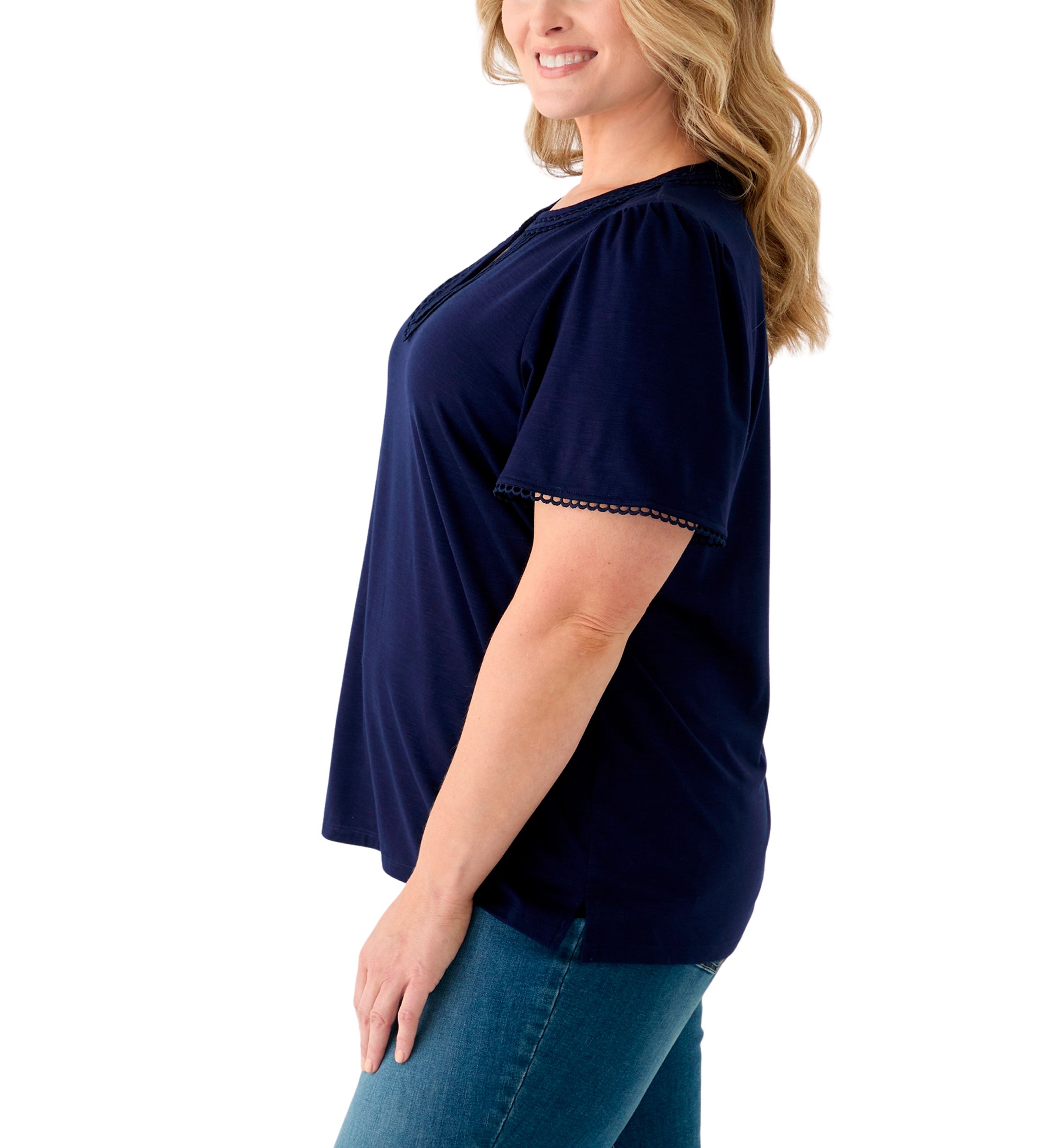 Plus Size Short Flutter Sleeve Split Neck Trim Top 