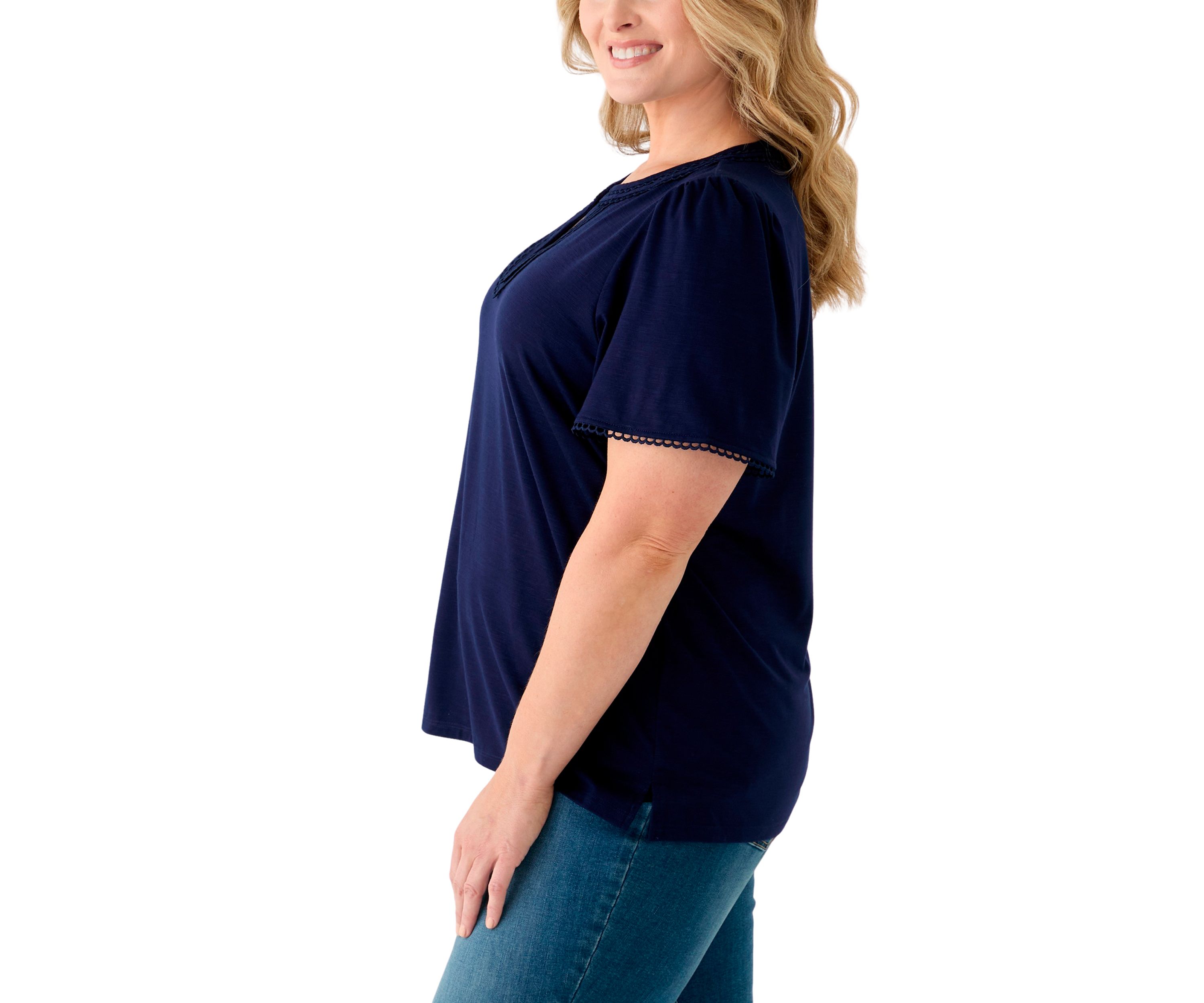 Plus Size Short Flutter Sleeve Split Neck Trim Top 