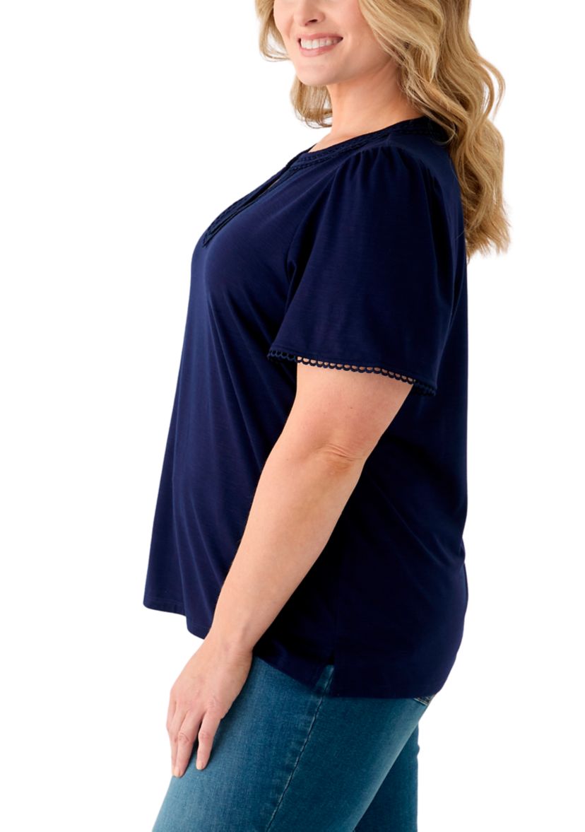 Plus Size Short Flutter Sleeve Split Neck Trim Top 