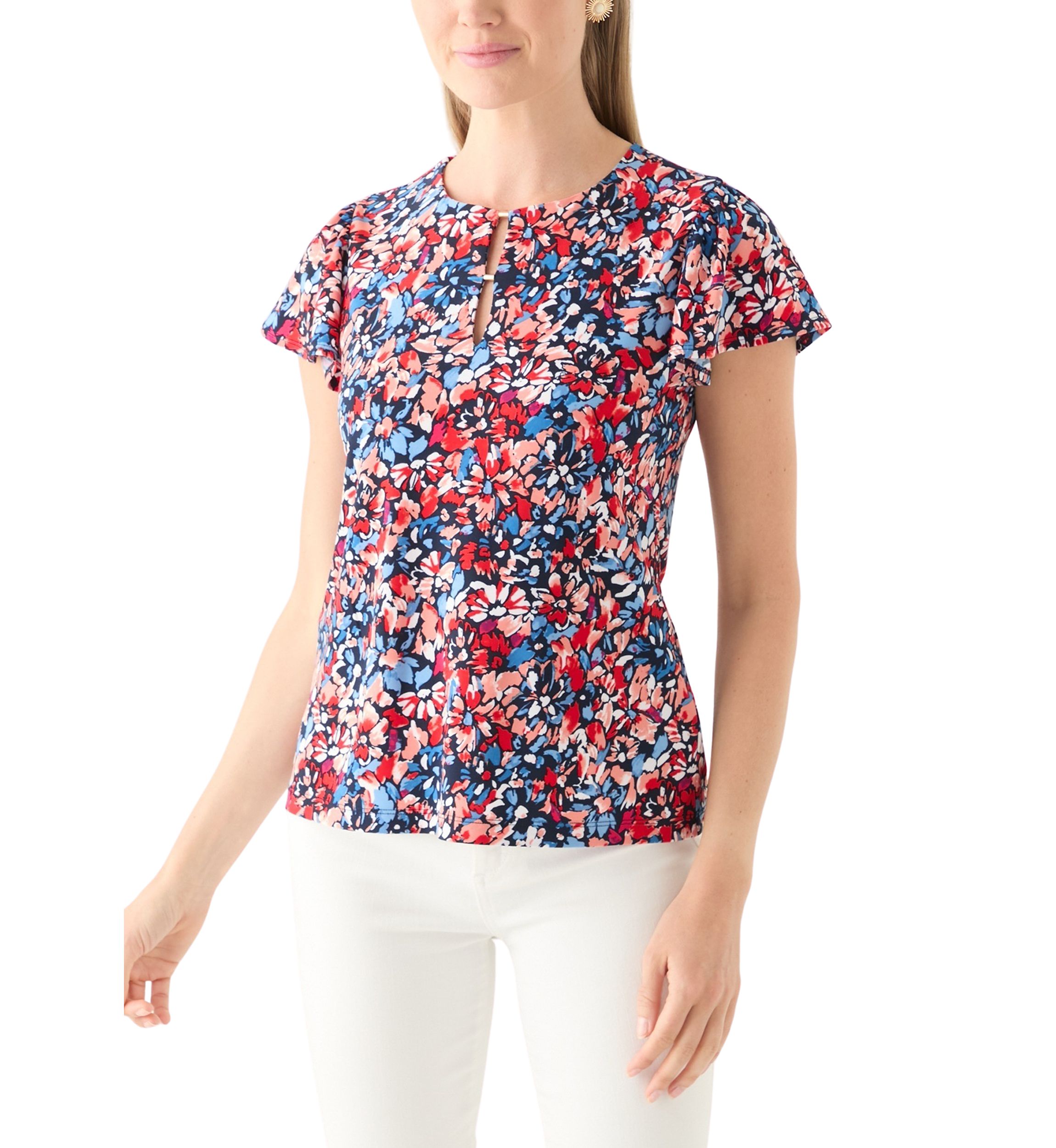 Petite Printed Flutter Sleeve Double Trim Top