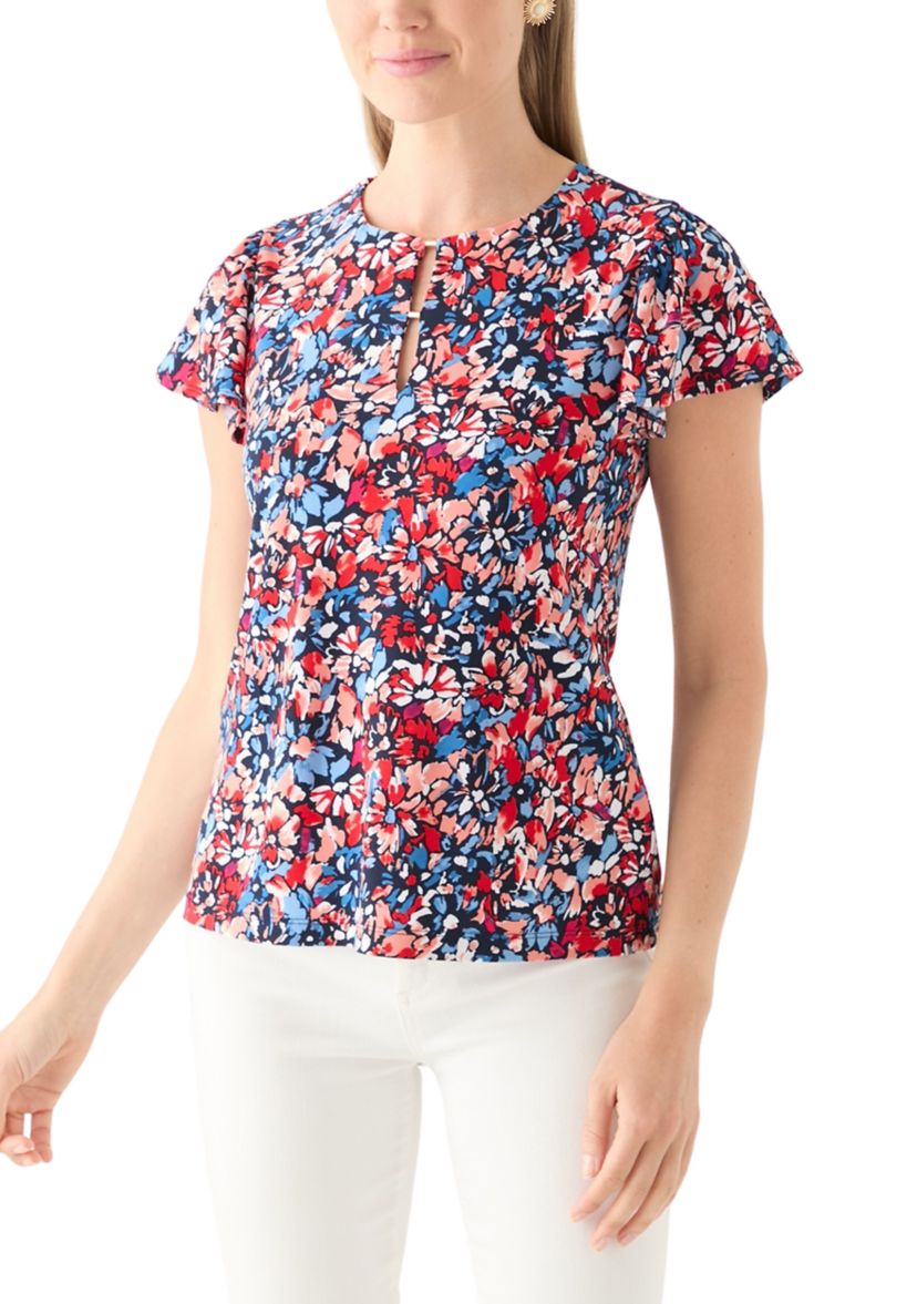 Petite Printed Flutter Sleeve Double Trim Top
