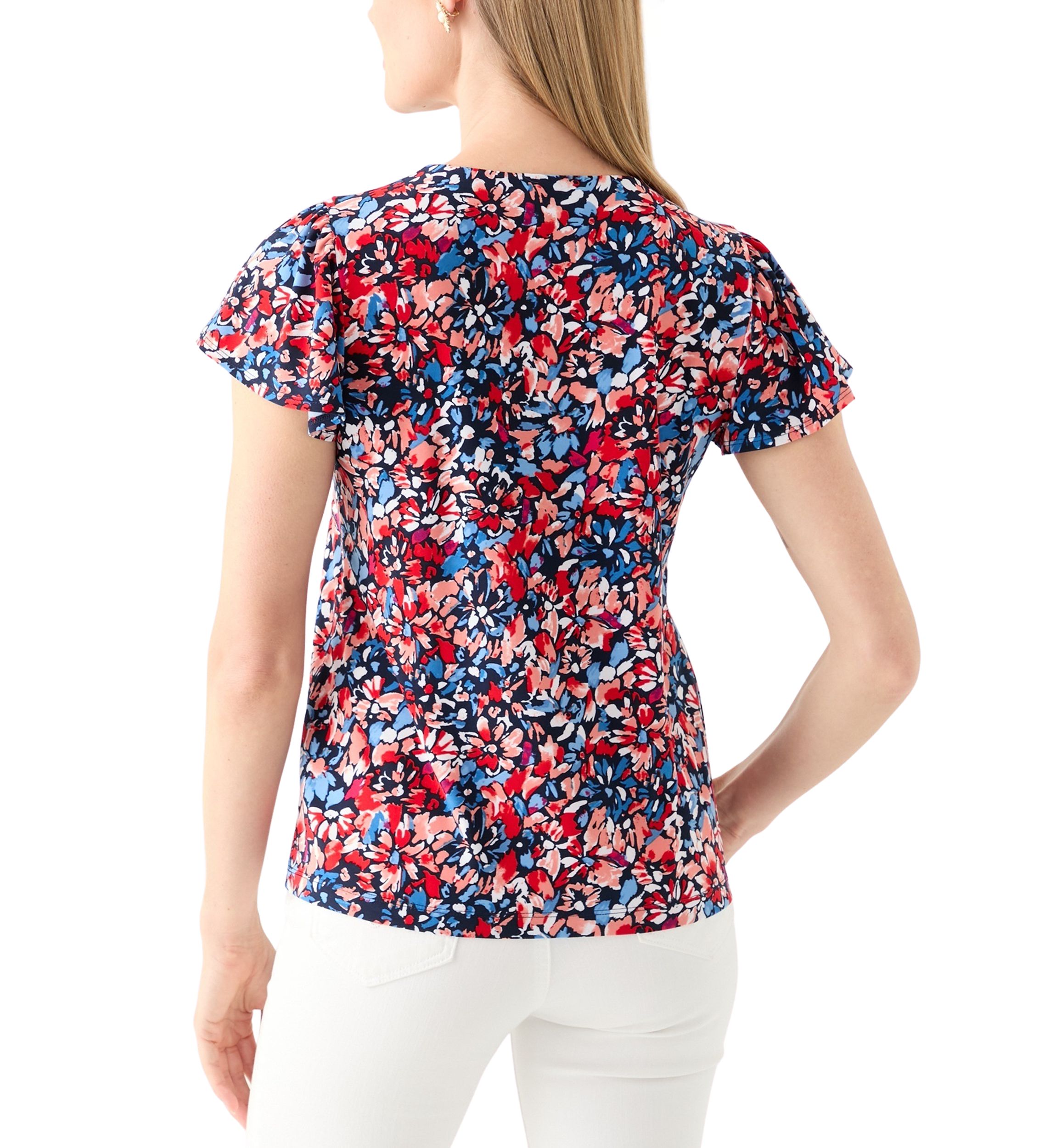 Petite Printed Flutter Sleeve Double Trim Top