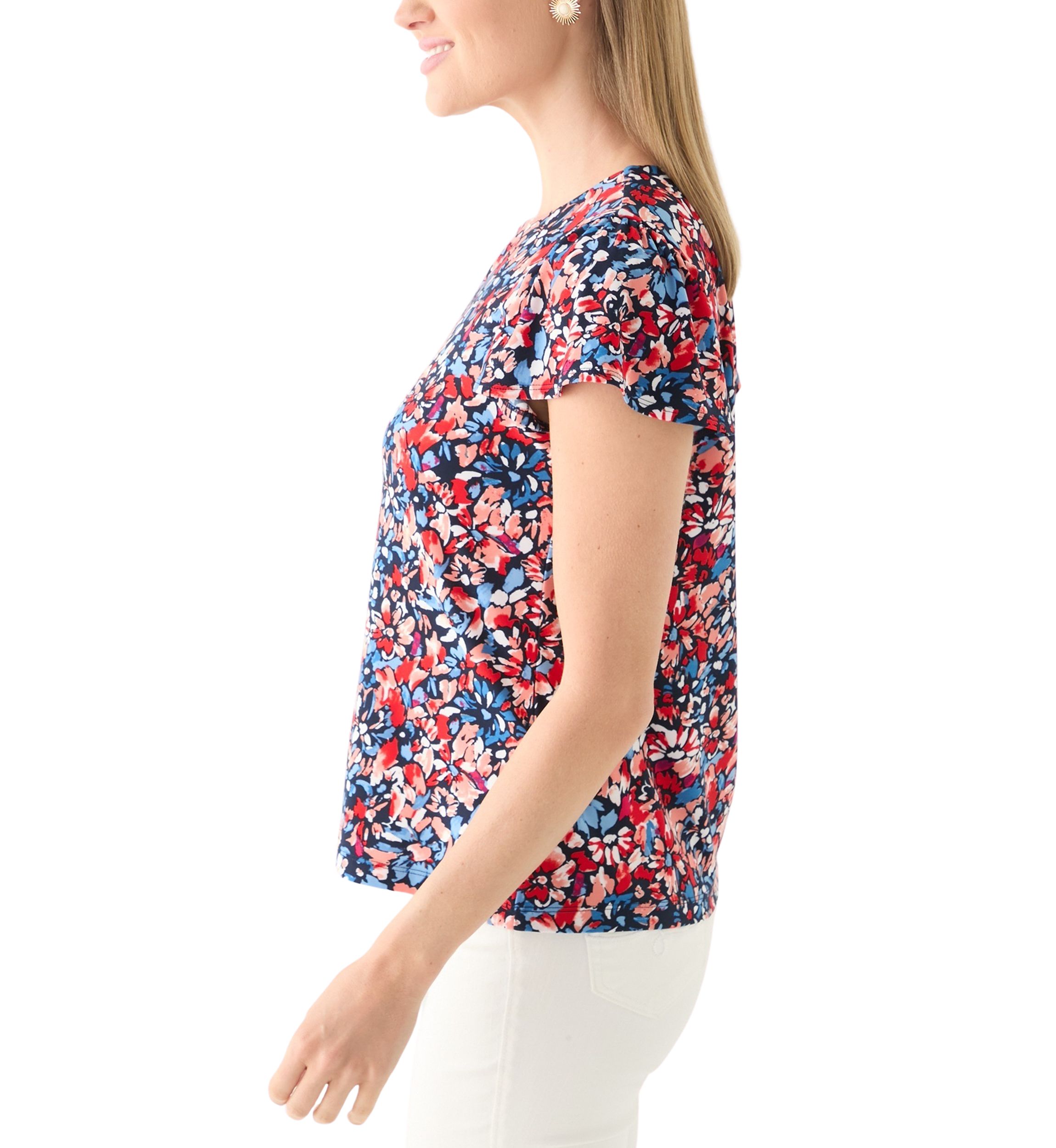 Petite Printed Flutter Sleeve Double Trim Top