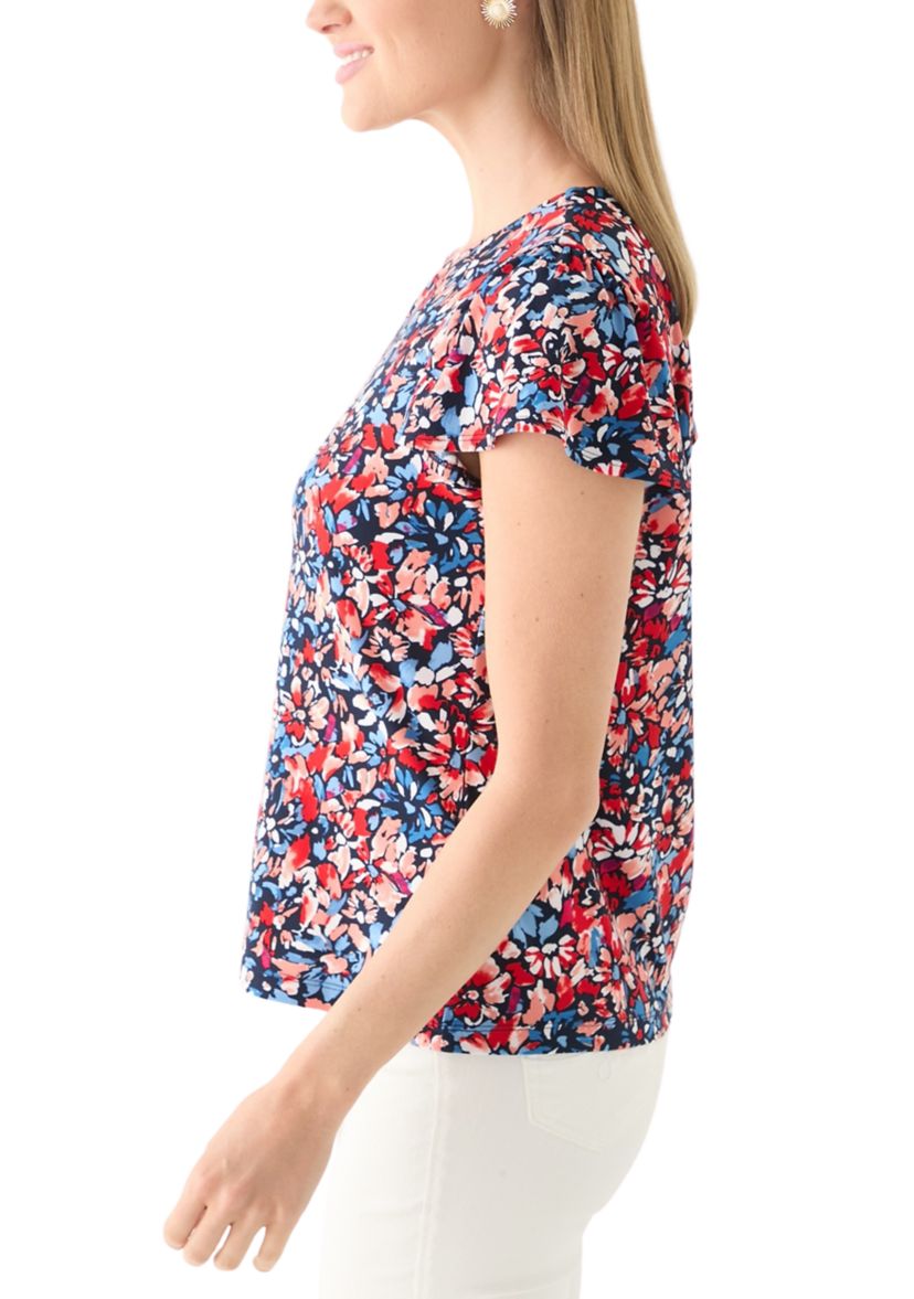 Petite Printed Flutter Sleeve Double Trim Top