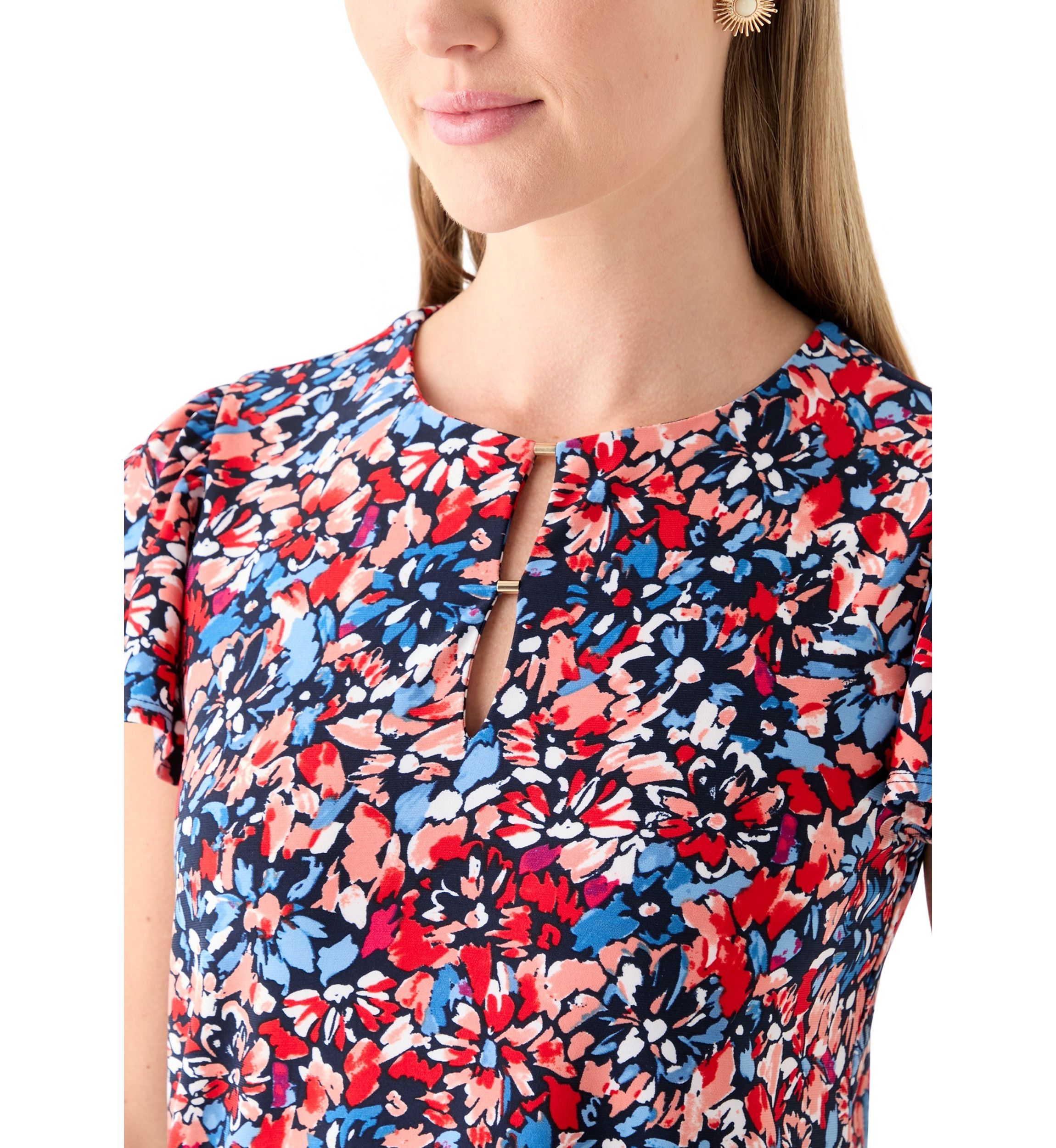 Petite Printed Flutter Sleeve Double Trim Top