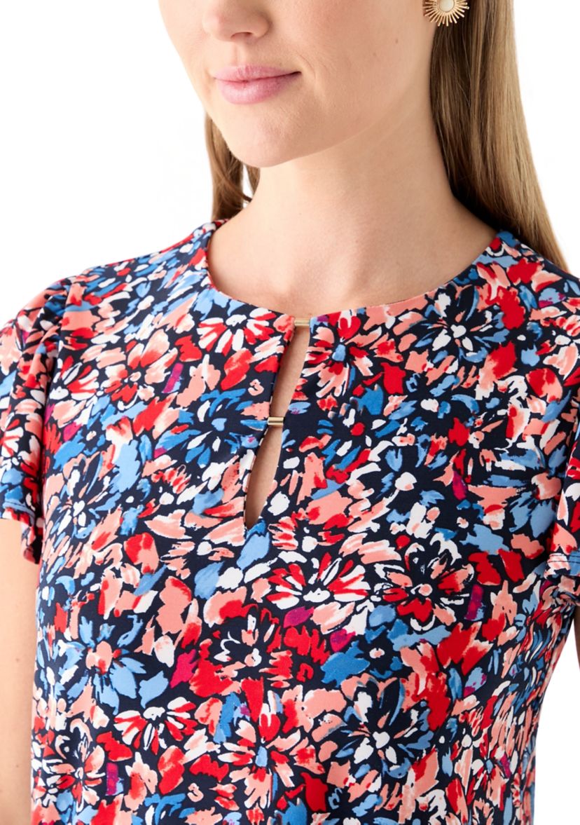 Petite Printed Flutter Sleeve Double Trim Top