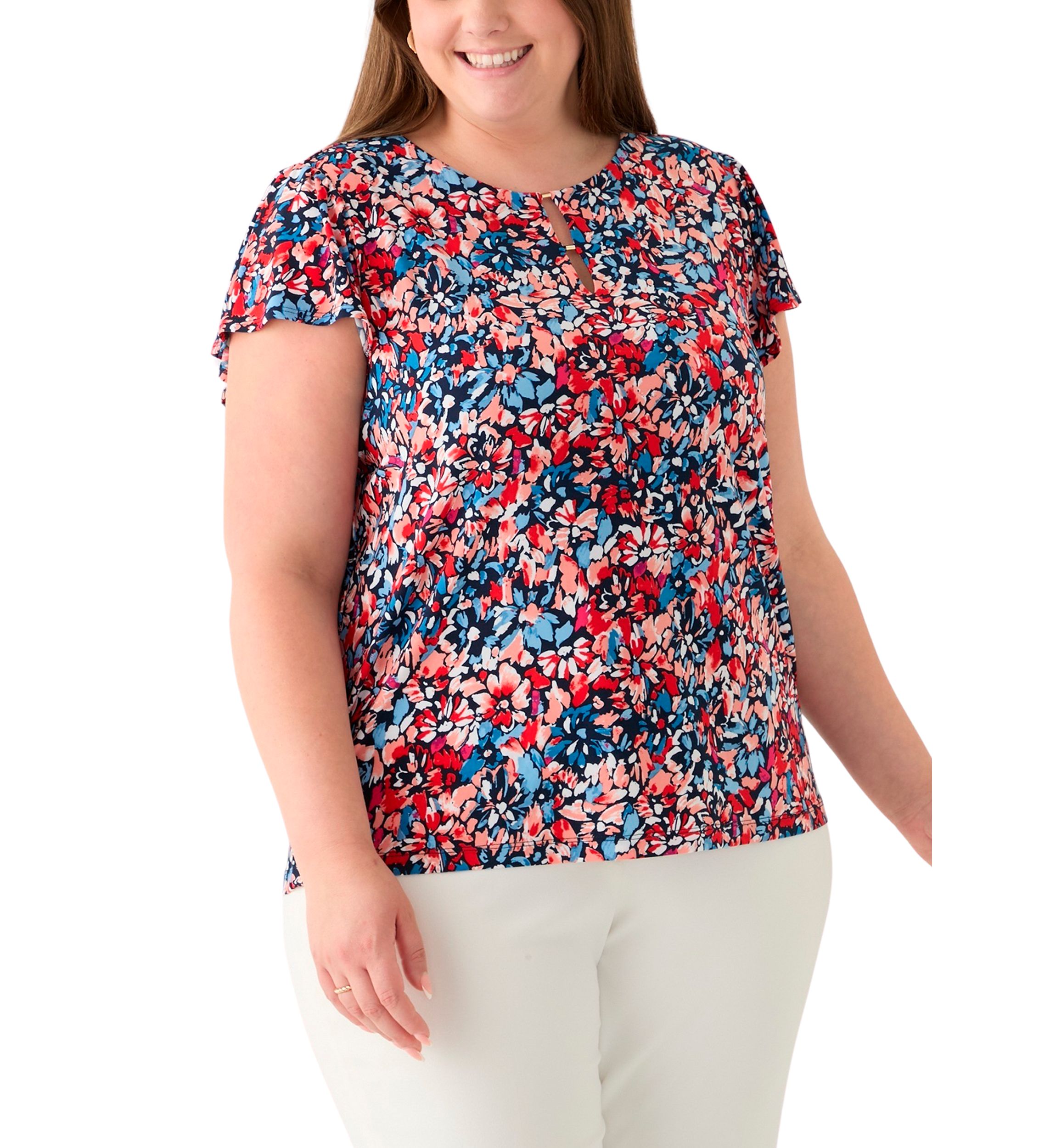 Plus Size Printed Flutter Sleeve Double Trim Top 