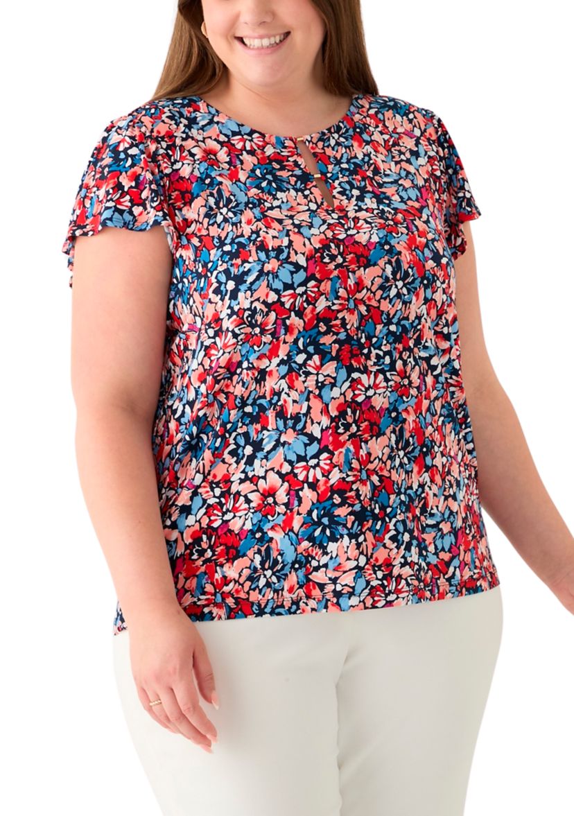 Plus Size Printed Flutter Sleeve Double Trim Top 