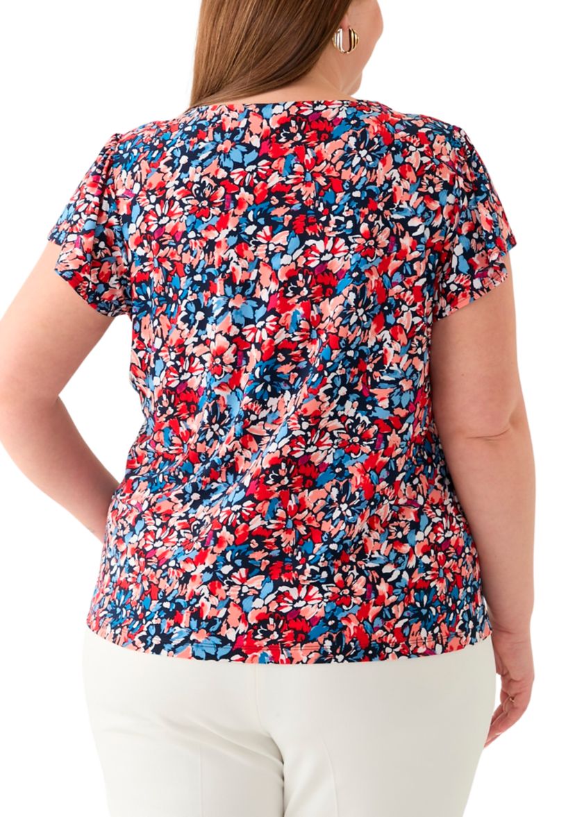 Plus Size Printed Flutter Sleeve Double Trim Top 