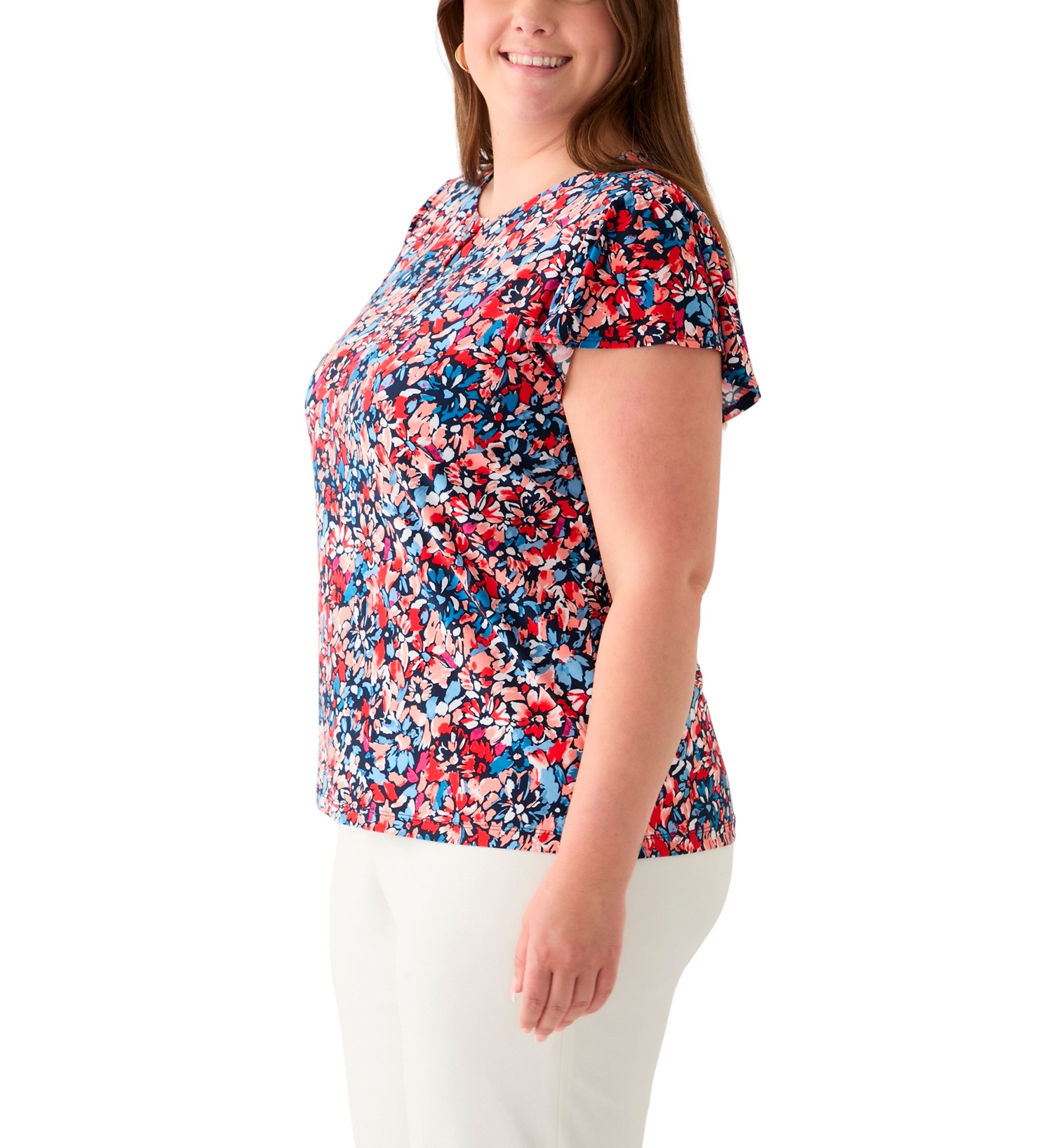 Plus Size Printed Flutter Sleeve Double Trim Top 