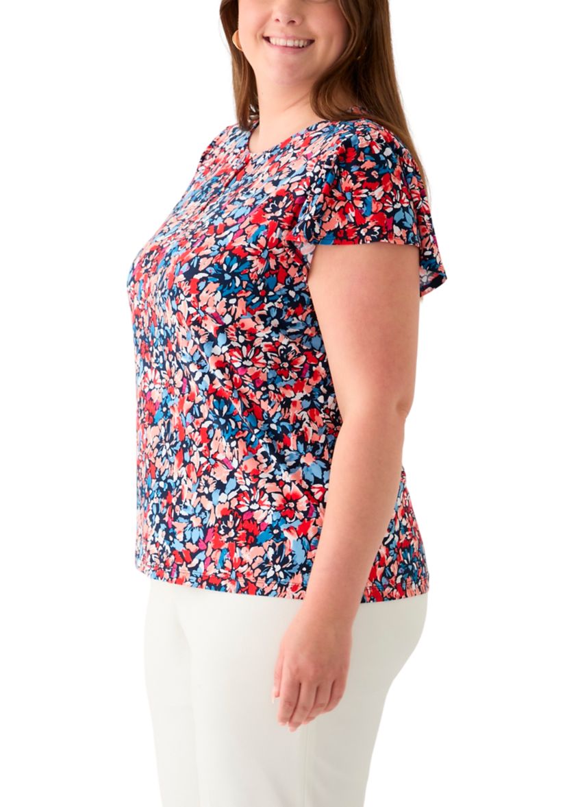 Plus Size Printed Flutter Sleeve Double Trim Top 