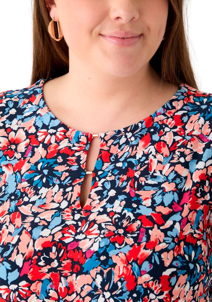 Plus Size Printed Flutter Sleeve Double Trim Top 