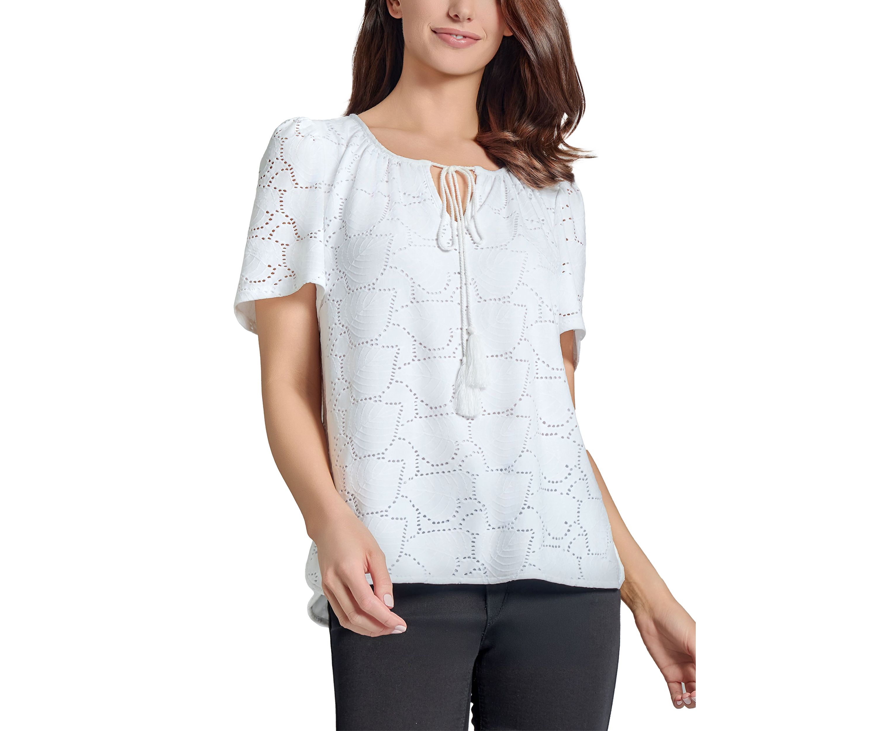 Petite Palm Knit Eyelet Short Sleeve Tassel Top