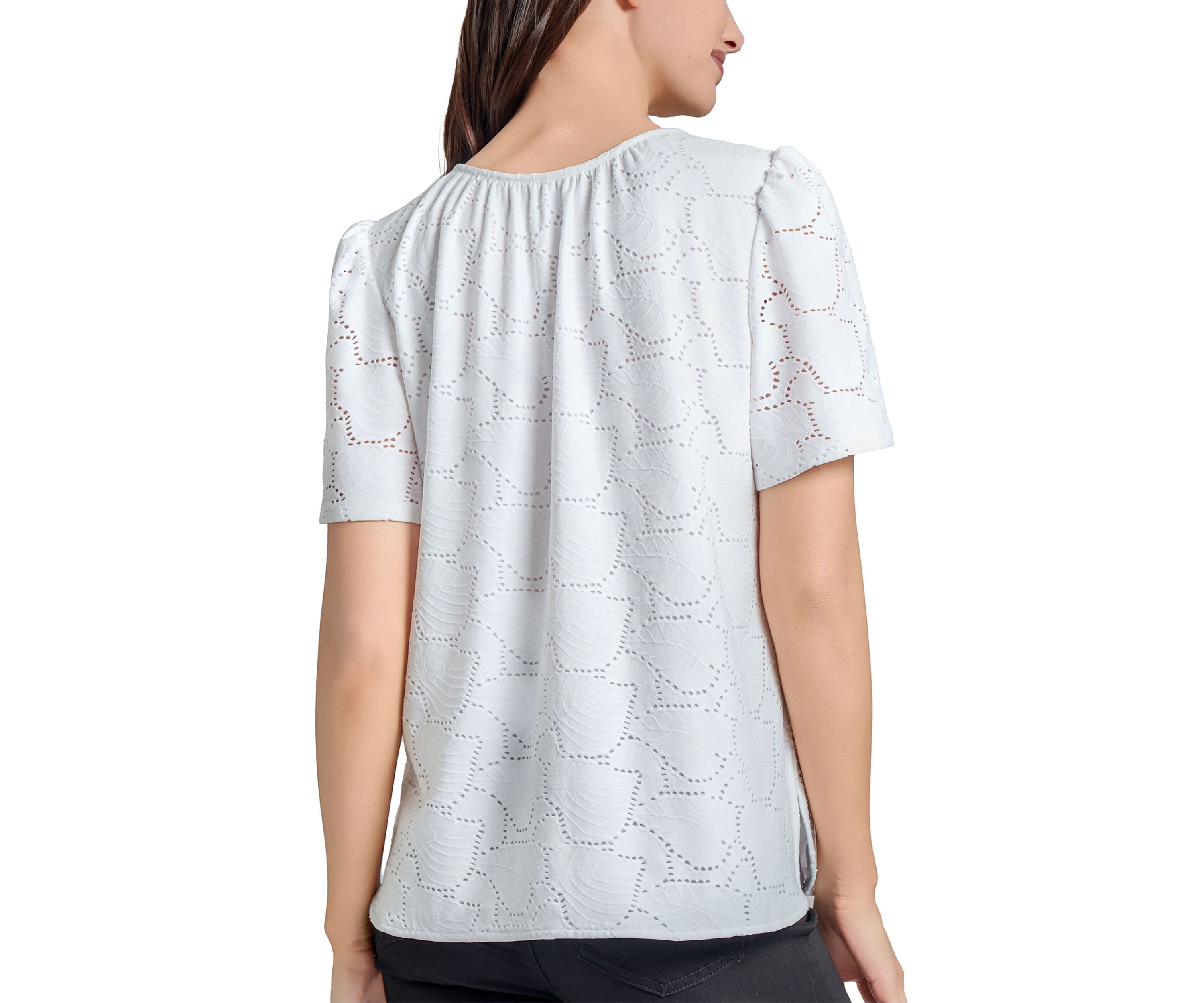 Petite Palm Knit Eyelet Short Sleeve Tassel Top
