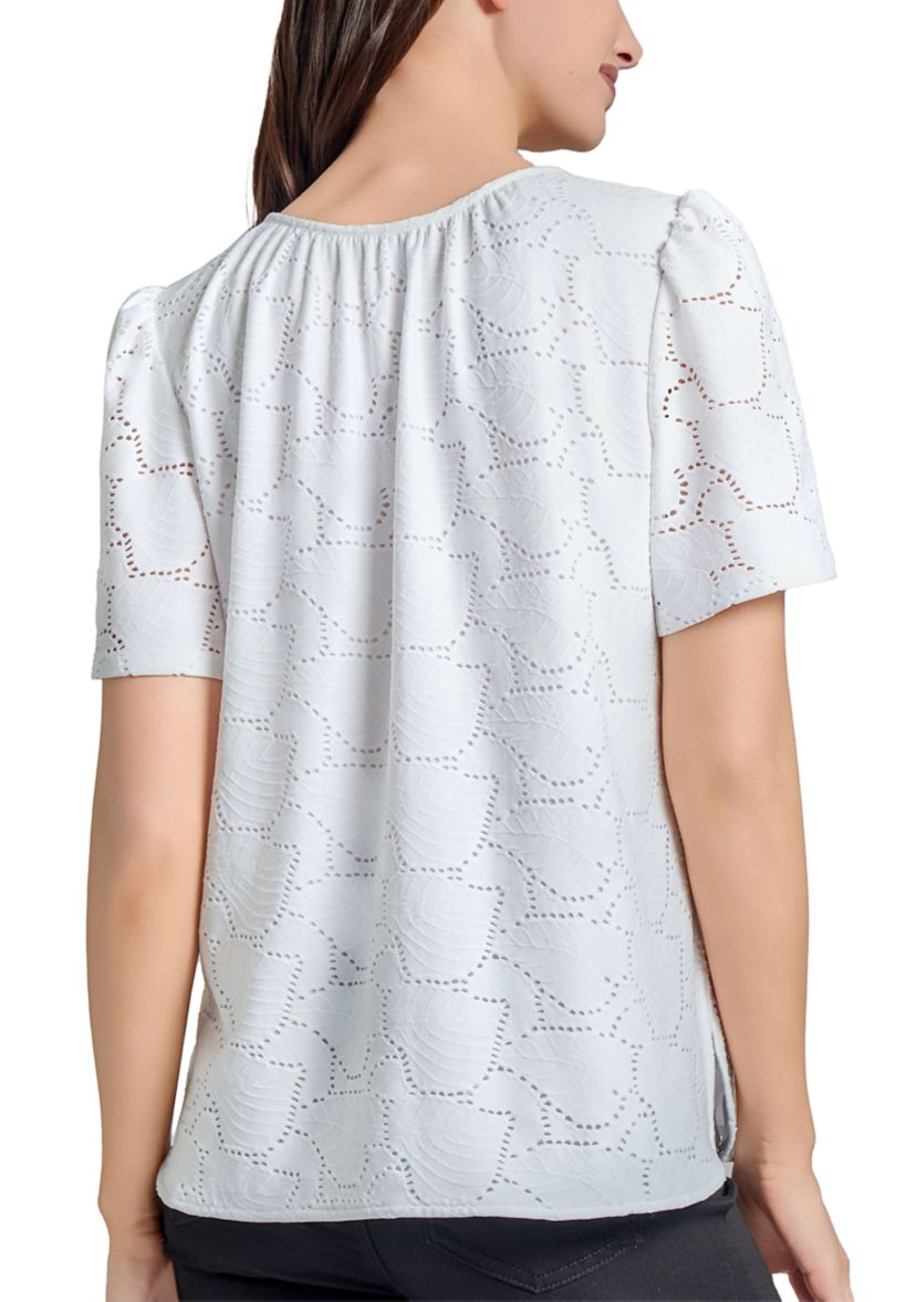 Petite Palm Knit Eyelet Short Sleeve Tassel Top