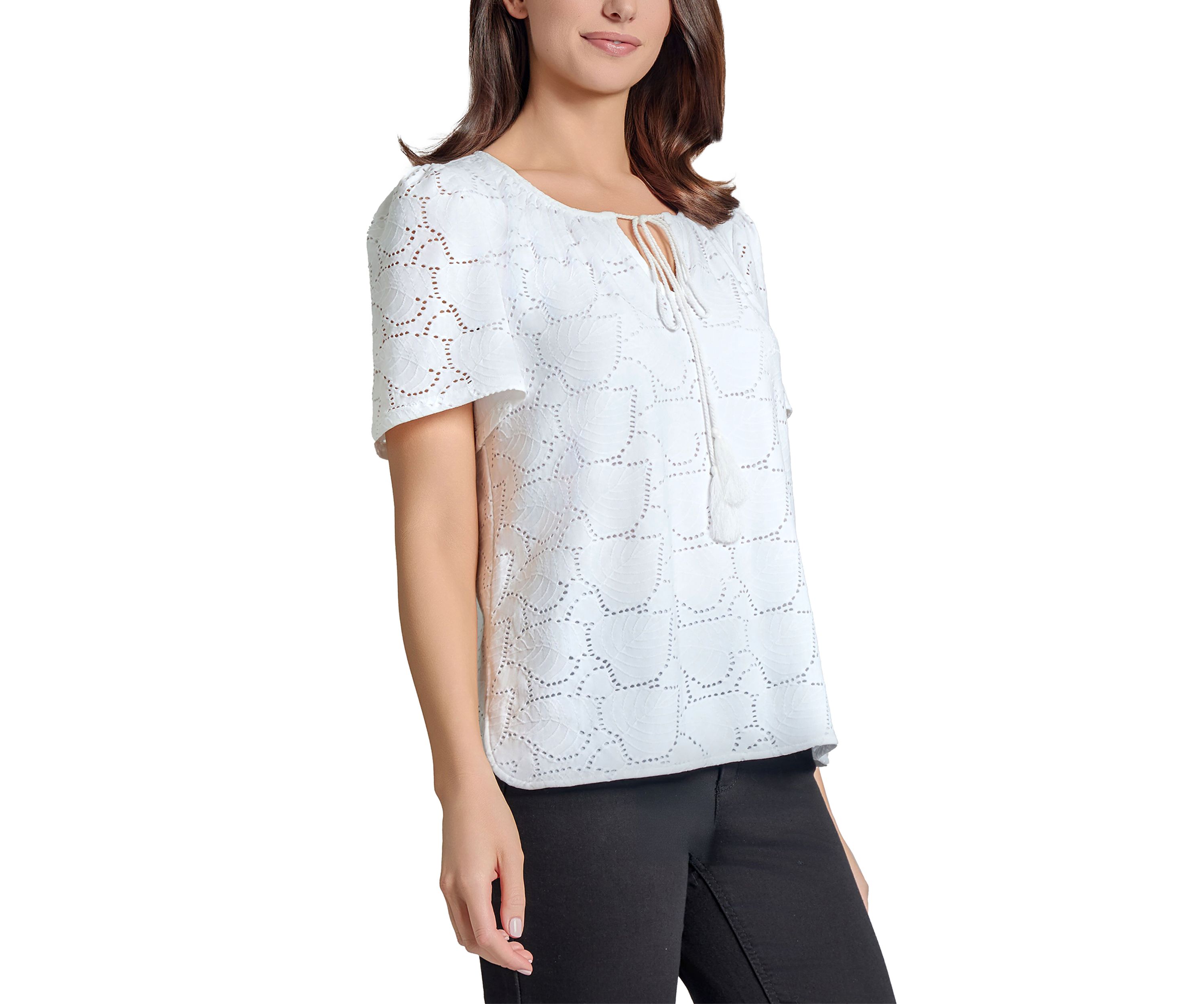 Petite Palm Knit Eyelet Short Sleeve Tassel Top