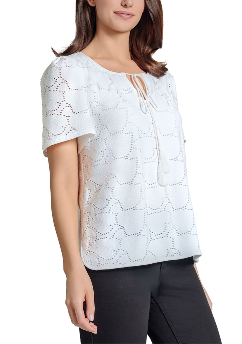 Petite Palm Knit Eyelet Short Sleeve Tassel Top