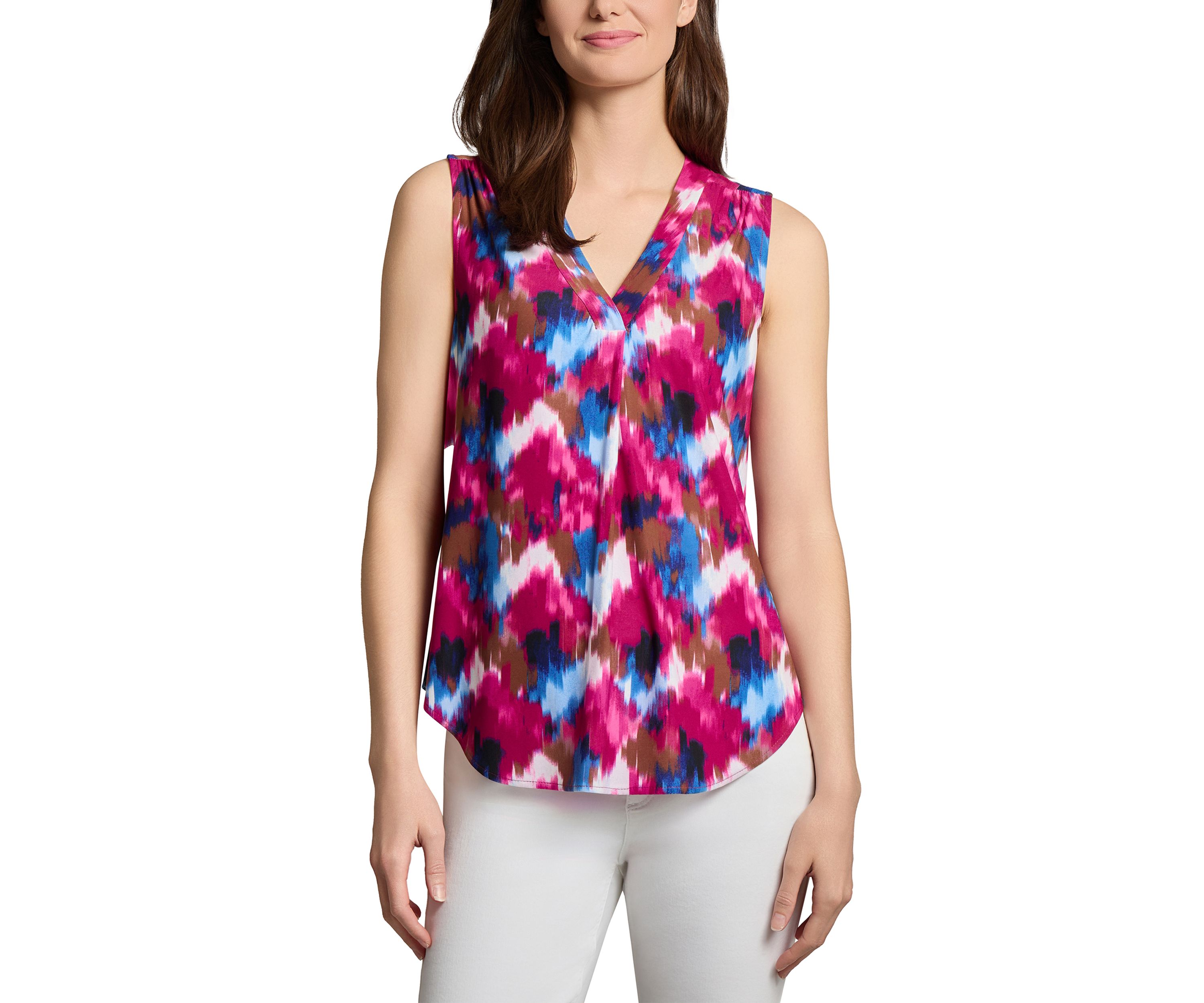 Petite Printed Sleeveless Pleated Front Top
