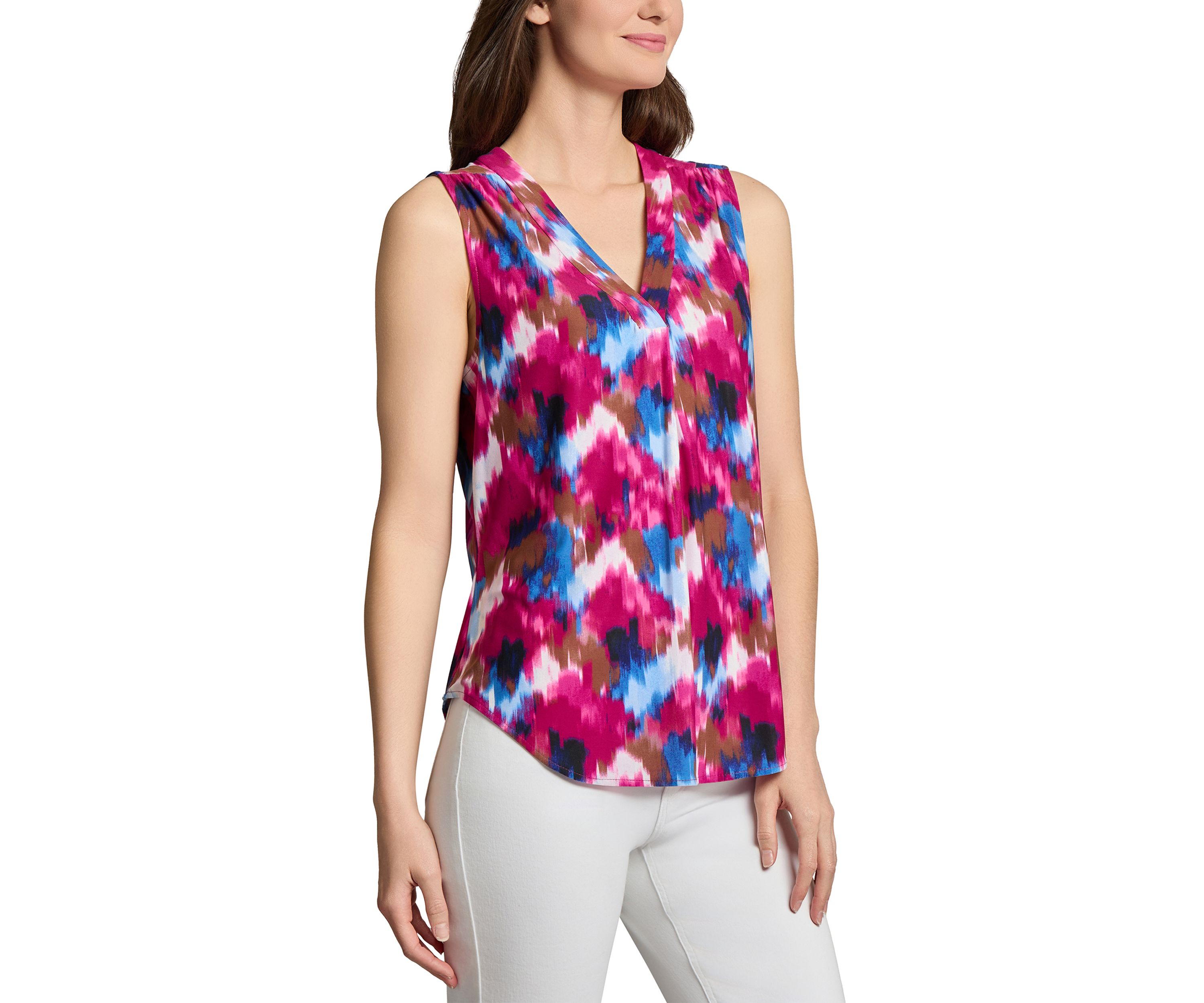 Petite Printed Sleeveless Pleated Front Top