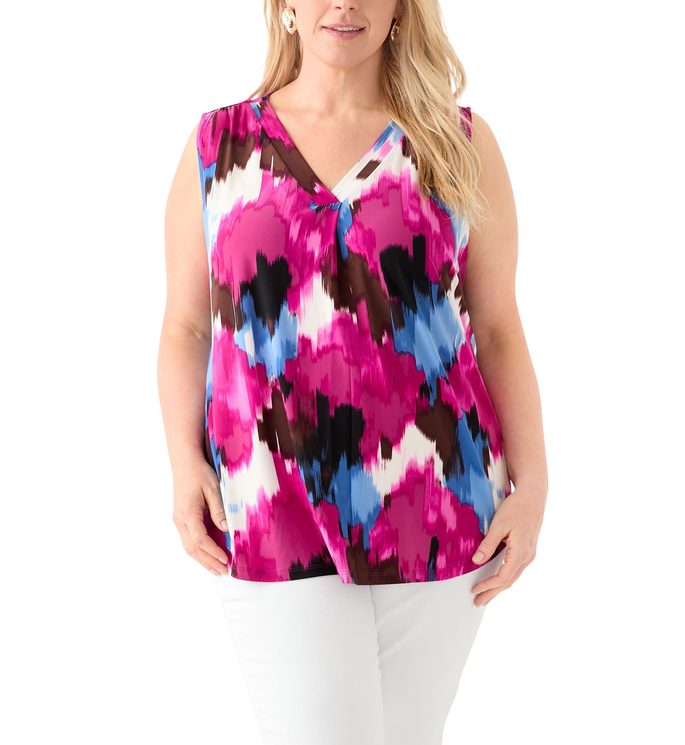 Plus Size Printed Sleeveless V-Neck Pleat Front Blouse