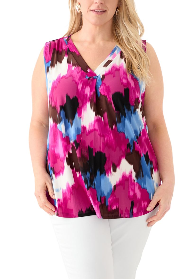 Plus Size Printed Sleeveless V-Neck Pleat Front Blouse