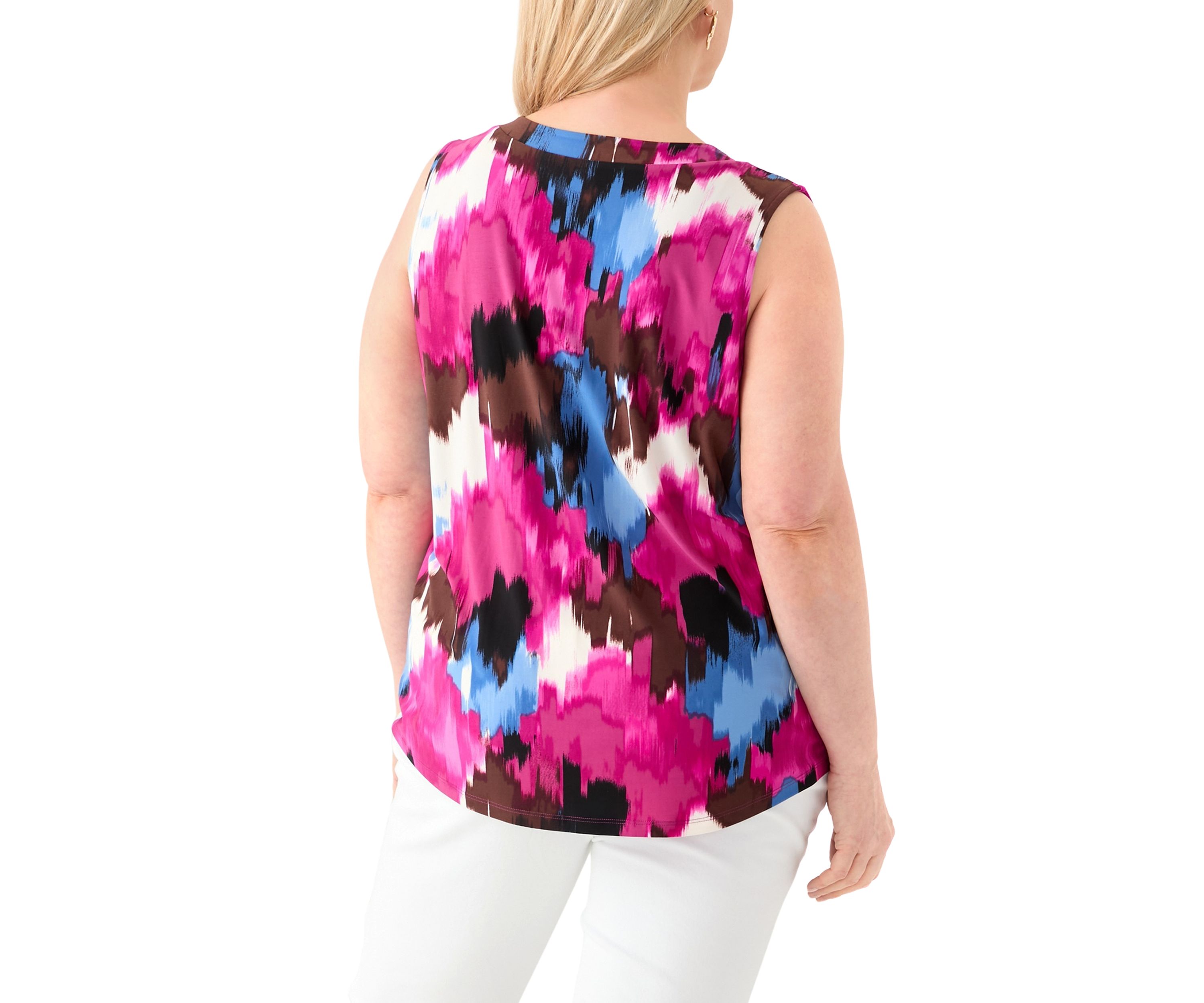Plus Size Printed Sleeveless V-Neck Pleat Front Blouse