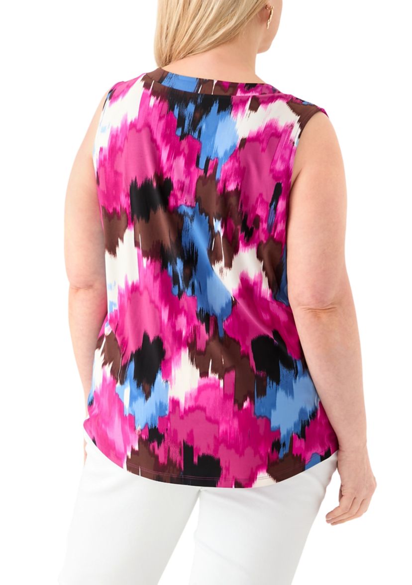 Plus Size Printed Sleeveless V-Neck Pleat Front Blouse