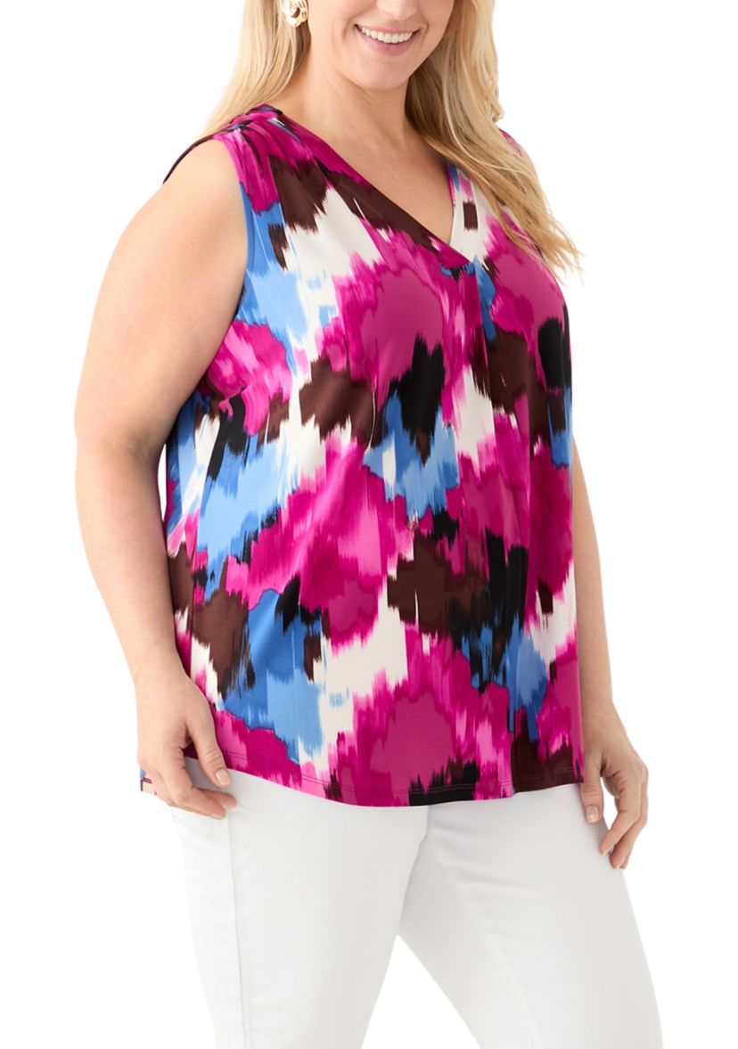 Plus Size Printed Sleeveless V-Neck Pleat Front Blouse