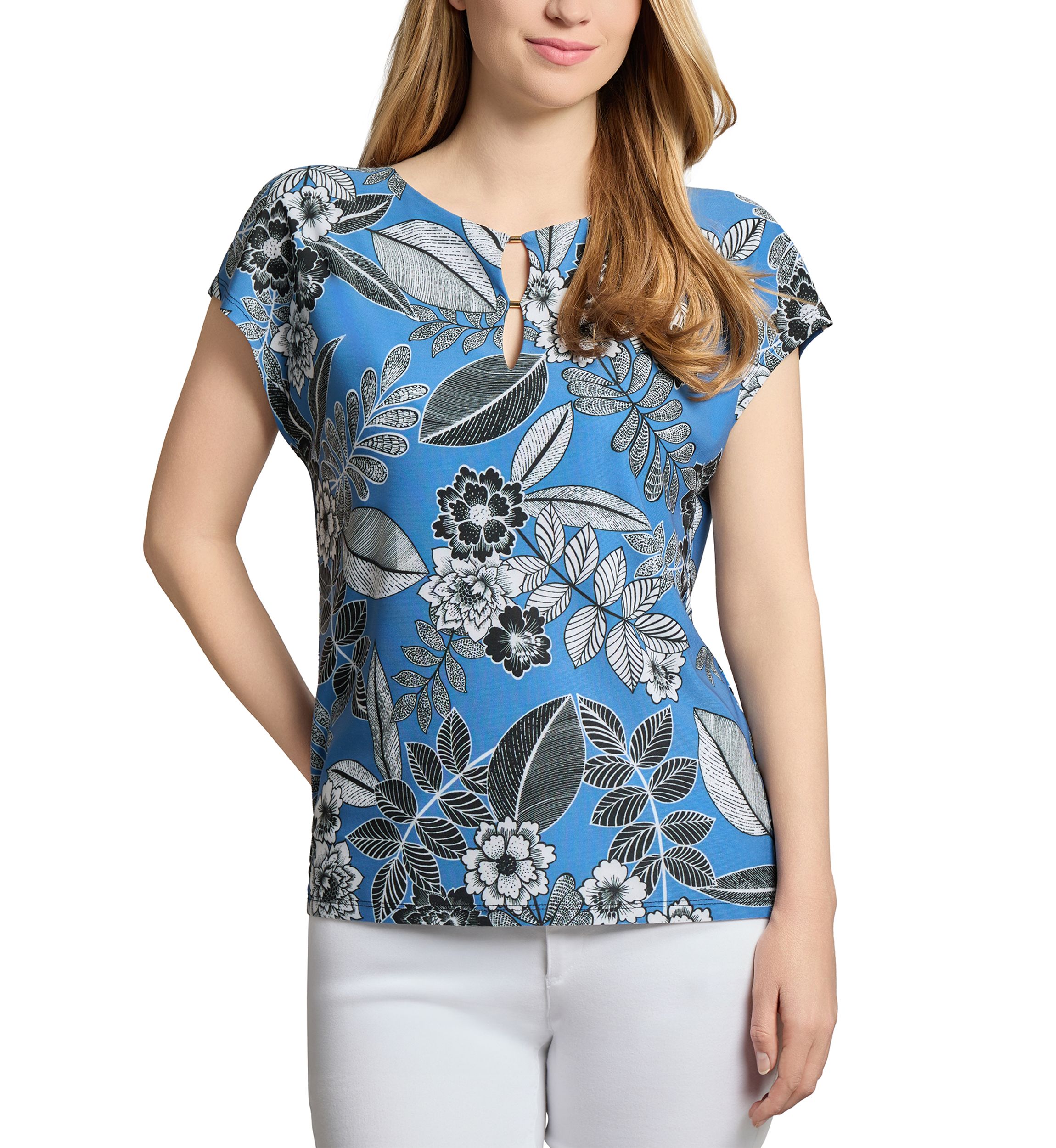 Petite Printed Extended Shoulder Double Trim Top