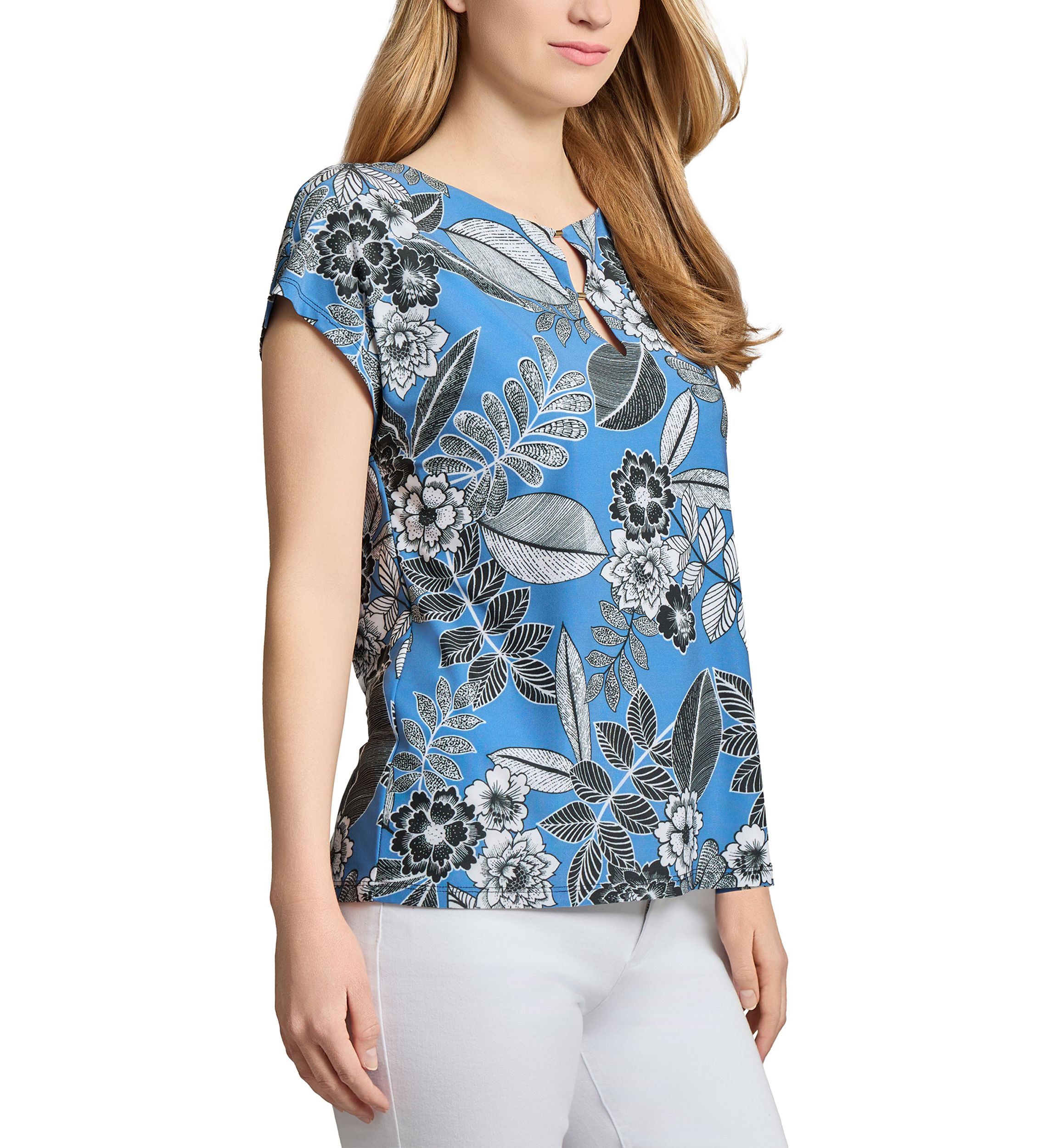Petite Printed Extended Shoulder Double Trim Top