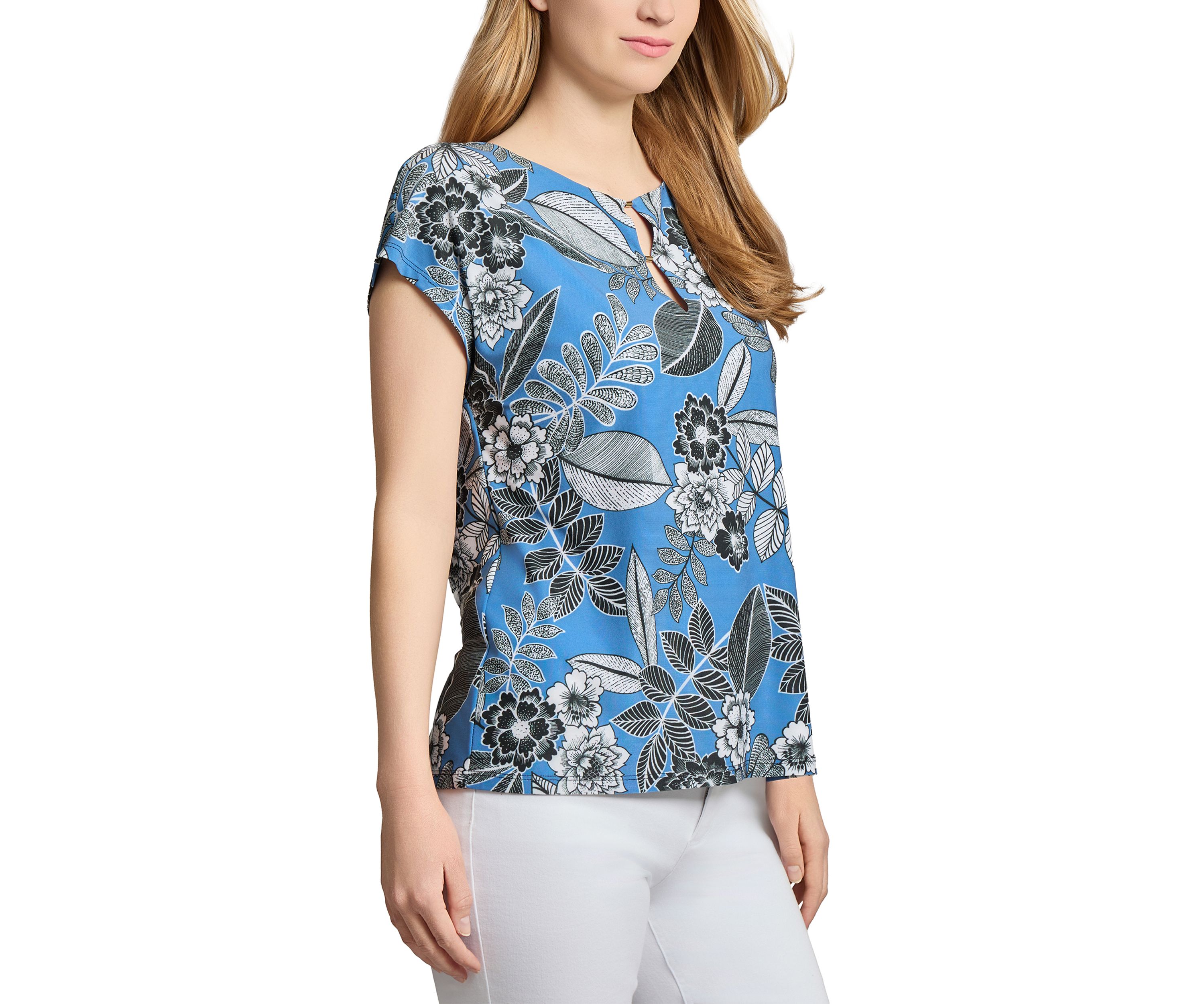 Petite Printed Extended Shoulder Double Trim Top