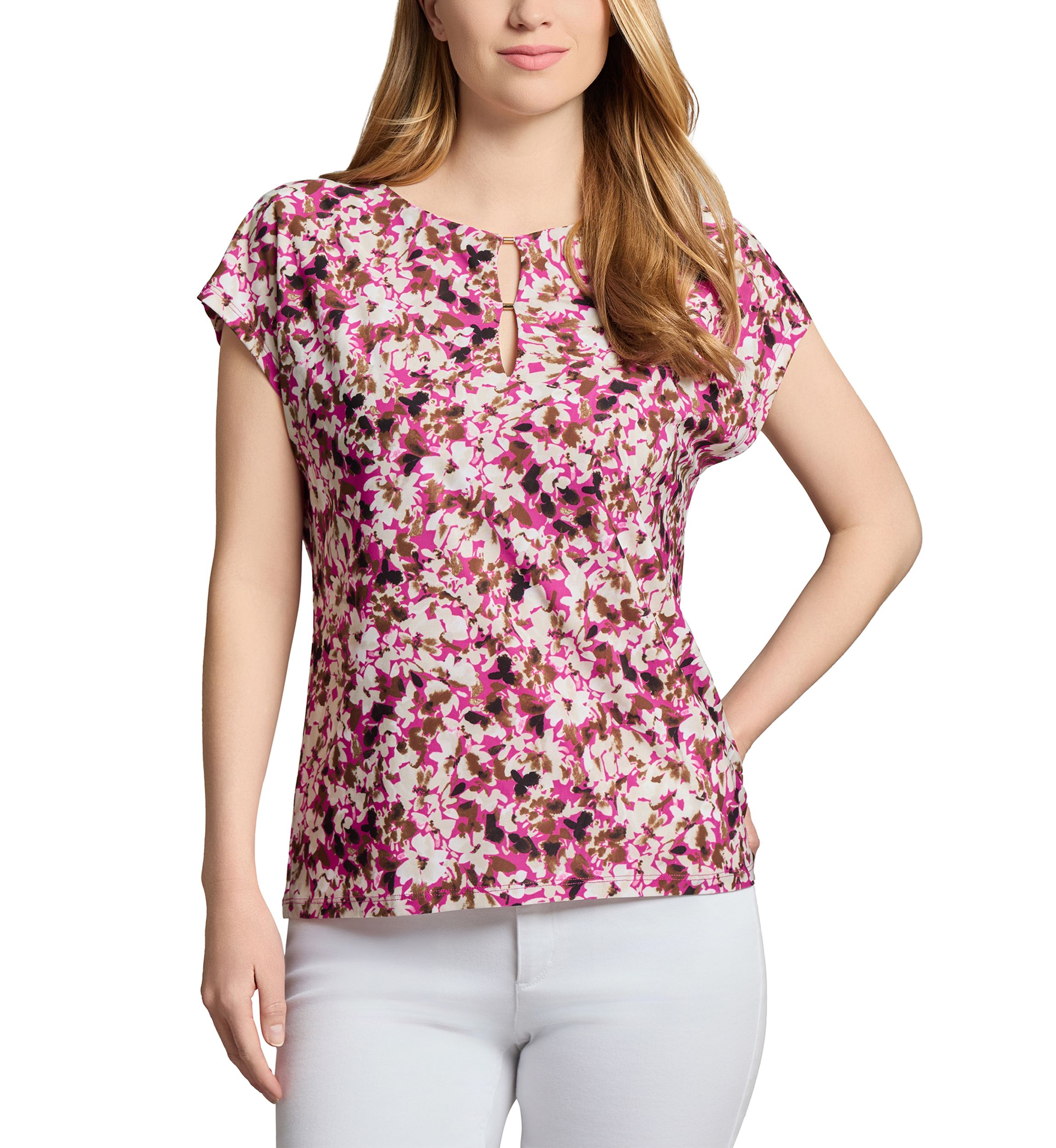 Petite Printed Extended Shoulder Double Trim Top