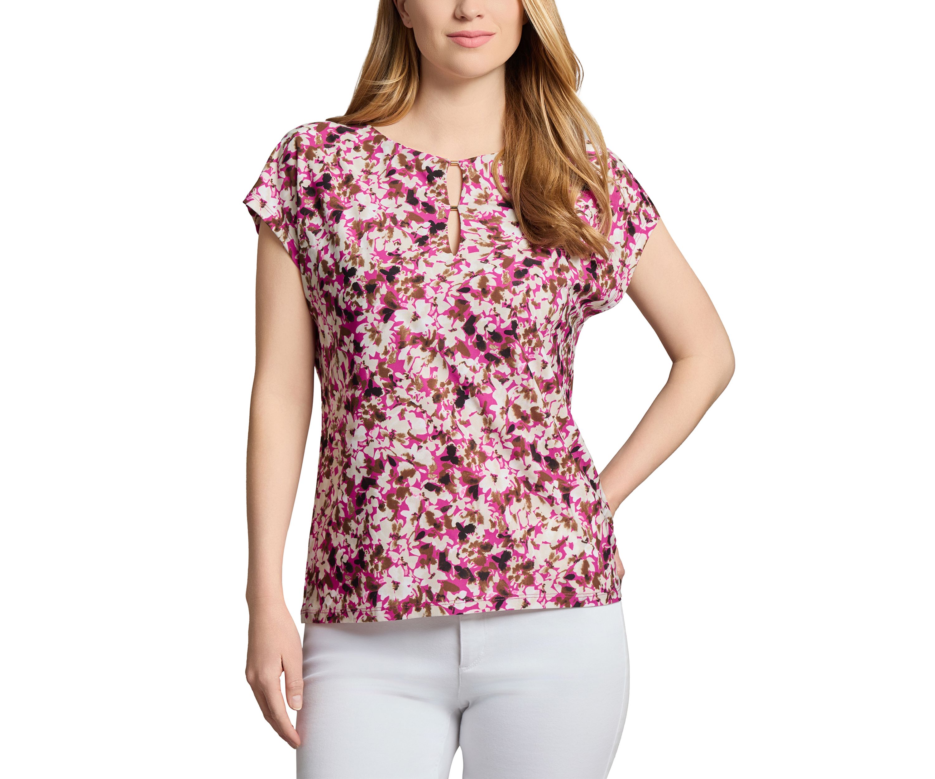 Petite Printed Extended Shoulder Double Trim Top