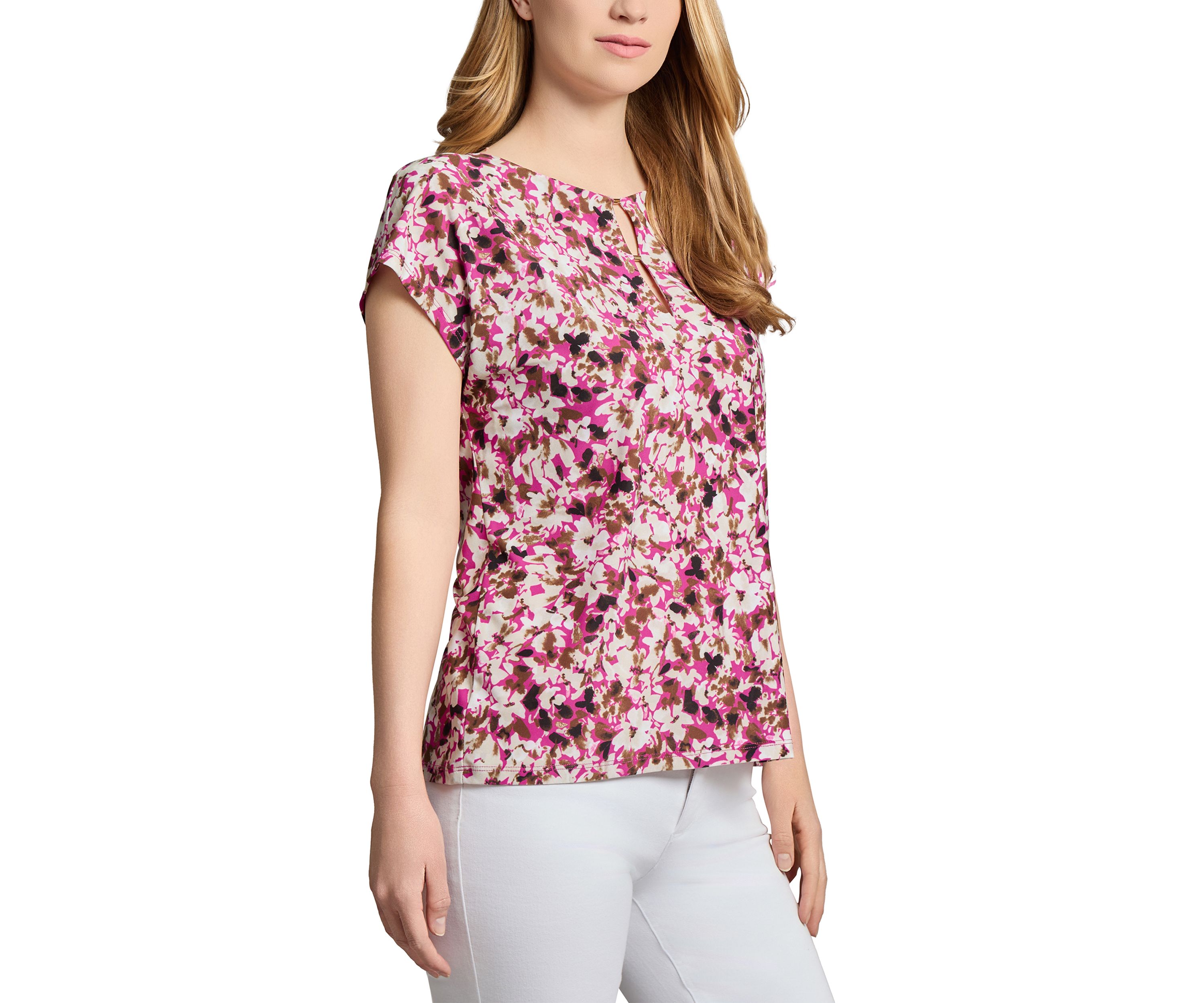 Petite Printed Extended Shoulder Double Trim Top