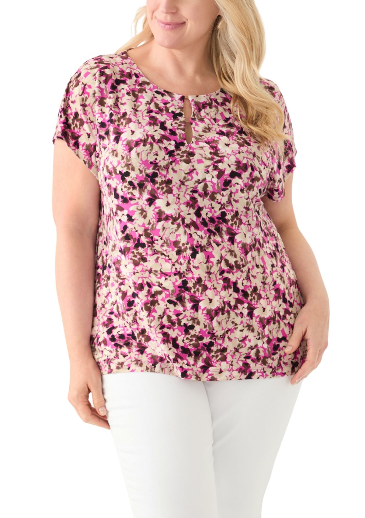 Womens Printed Extended Shoulder Double Trim Top 