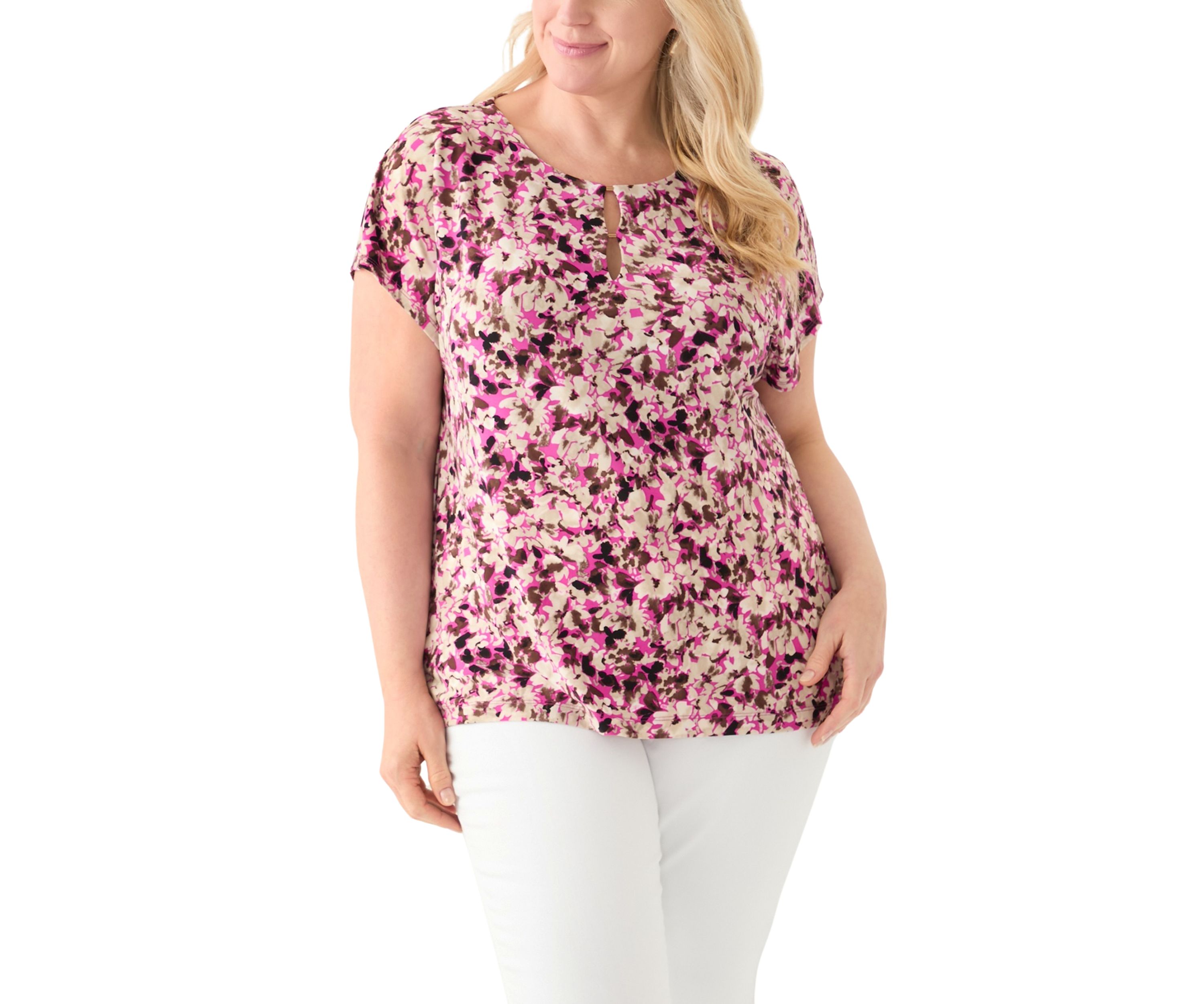 Womens Printed Extended Shoulder Double Trim Top 